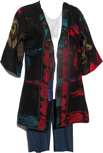 Kimono Jacket | Flora Design | Boho | 60s | Designer | 3/4 Sleeve | Handloomed | Yak+Sheep Wool Blend | Black & Cherry | XS > S