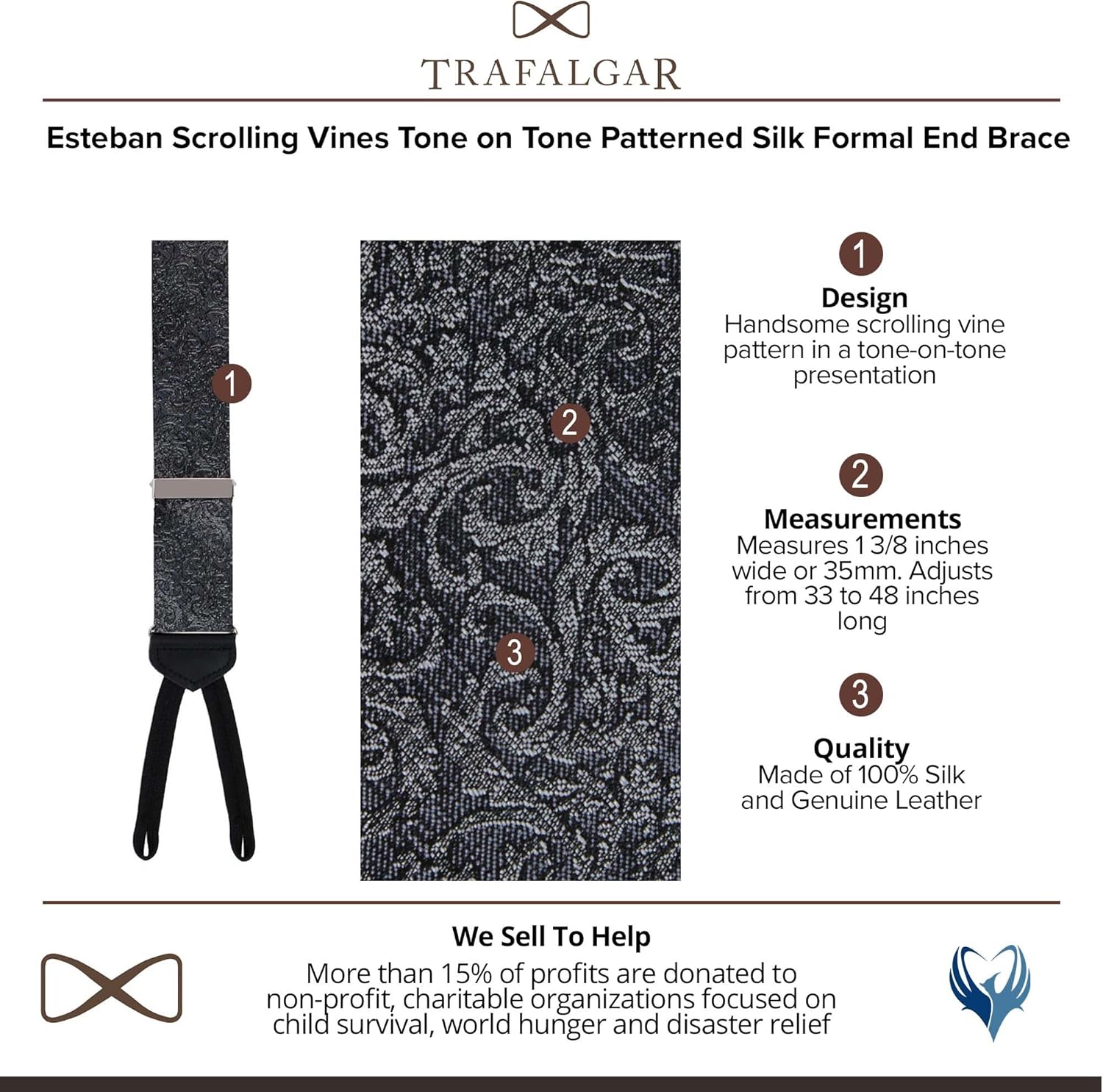 Trafalgar Men's Esteban Scrolling Vines Tone on Tone Patterned Silk Formal End Brace (Suspenders)