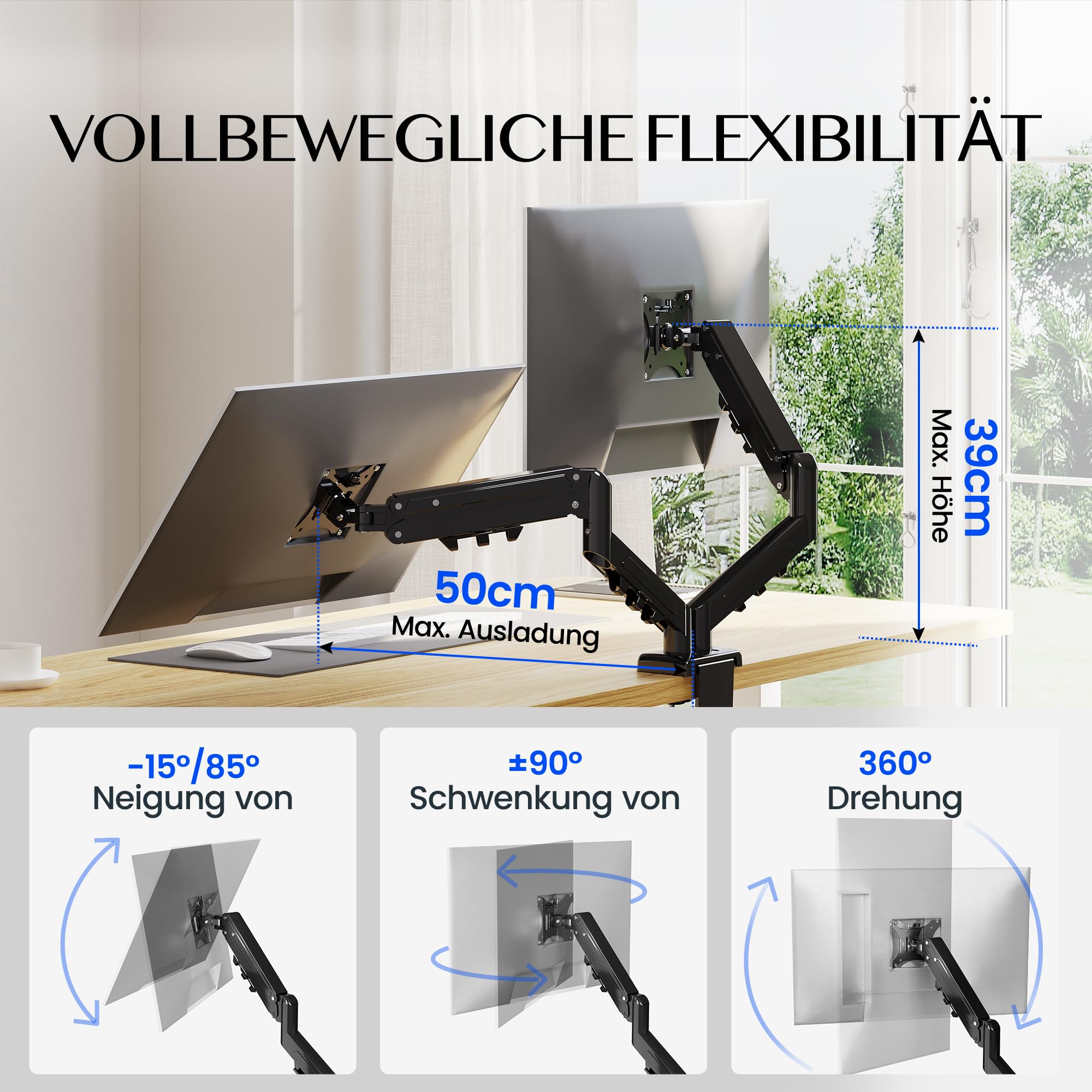 FLEXISPOT Monitor Halterung für 2 Monitore 17–32 Zoll, 2–9 kg pro Arm, Dual Bildschirmhalterung, höhenverstellbar und neigbar, VESA 75x75/100x100, Tischklemme oder Durchführungsbohrung