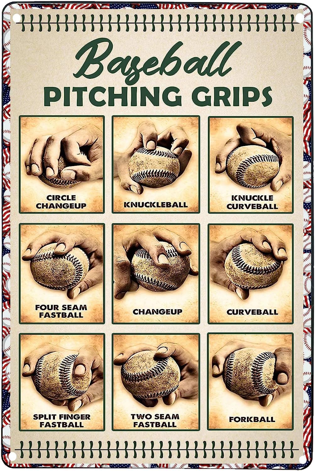 SMAZDFXX Baseball Pitching Grips Retro Metal Sign Tin Sign Retro Art Print Poster Decoration Bar Cafe Club Wall Plaquees Retro Metal Sign Tin Sign Retro Art Print Poster 5.5"x8"