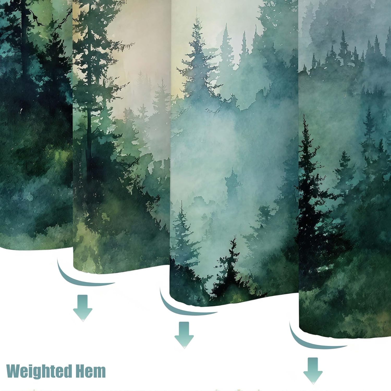 Rexful Forest Shower Curtain Sets Green Watercolor Landscape Shower Curtains for Bathroom Misty Pine Trees Art Tranquil Nature Scene Decor Waterproof Fabric 72 x 72 inch with Hooks (Green3)