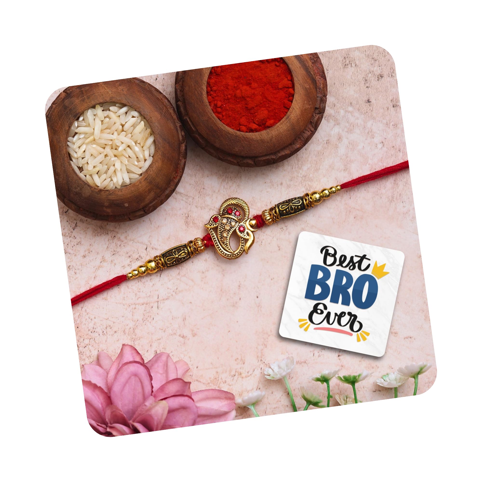eCraftIndia Golden Beads, Om Symbol Religious Designer Rakhi with Roli Chawal Pack and Happy Rakhi Wooden Cutout - Rakhi for Brother, Bhaiya, Bhai-picture-12
