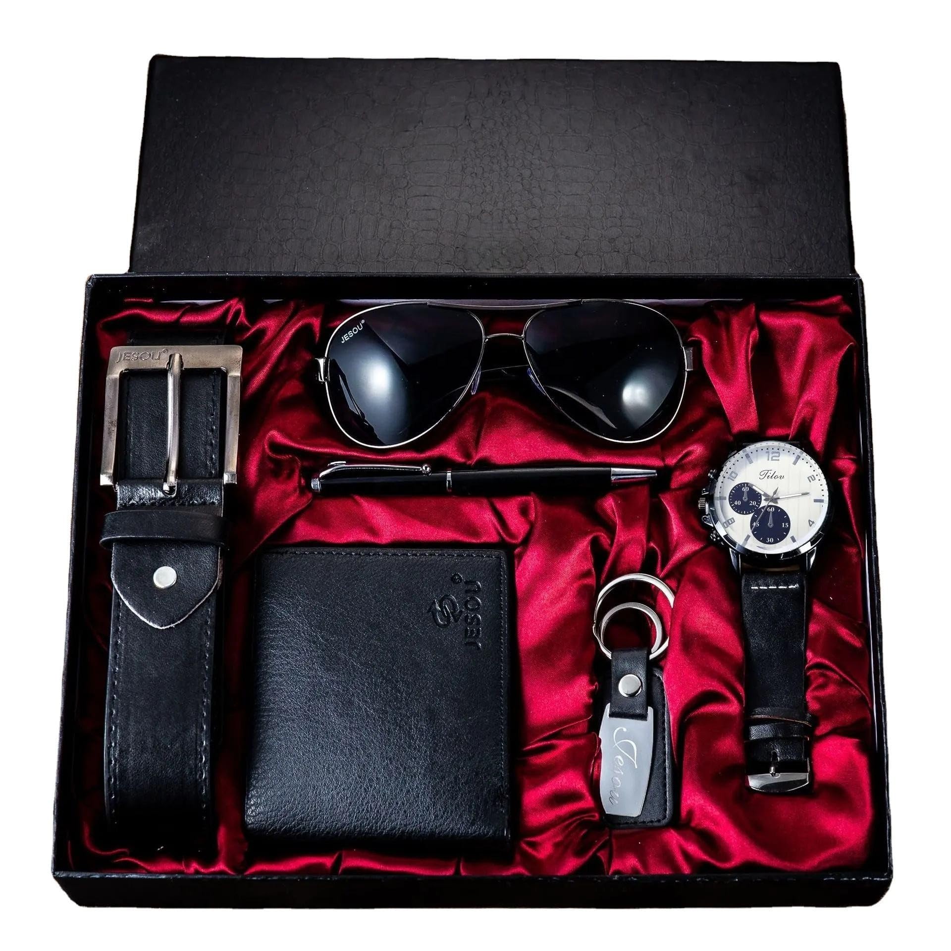 Premium 6pcs/Set Men's Gift Set Beautifully Packaged Watch+Glasses Belt Wallet Pen Keyring Male Creative Fashion Men's Gift Set, Brown Leather Perfect Present for him Gift for Men (Black)