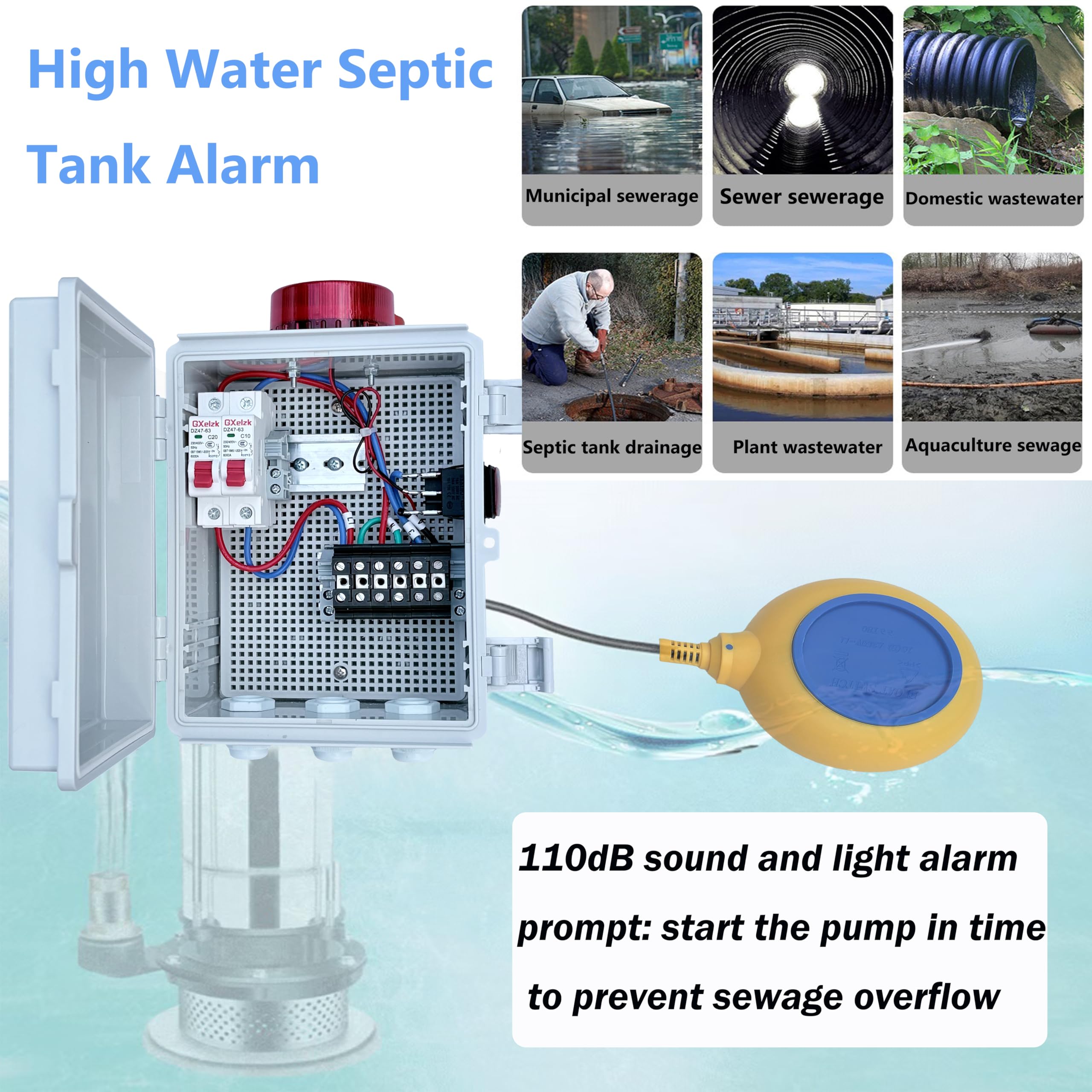Ulepszony alarm szamba i pompy ściekowej, alarm 110 dB + dioda LED o wysokiej jasności, monitorowanie pływaka 13 stóp, dedykowane do szamba/pompy ściekowej/stawu/zbiornika