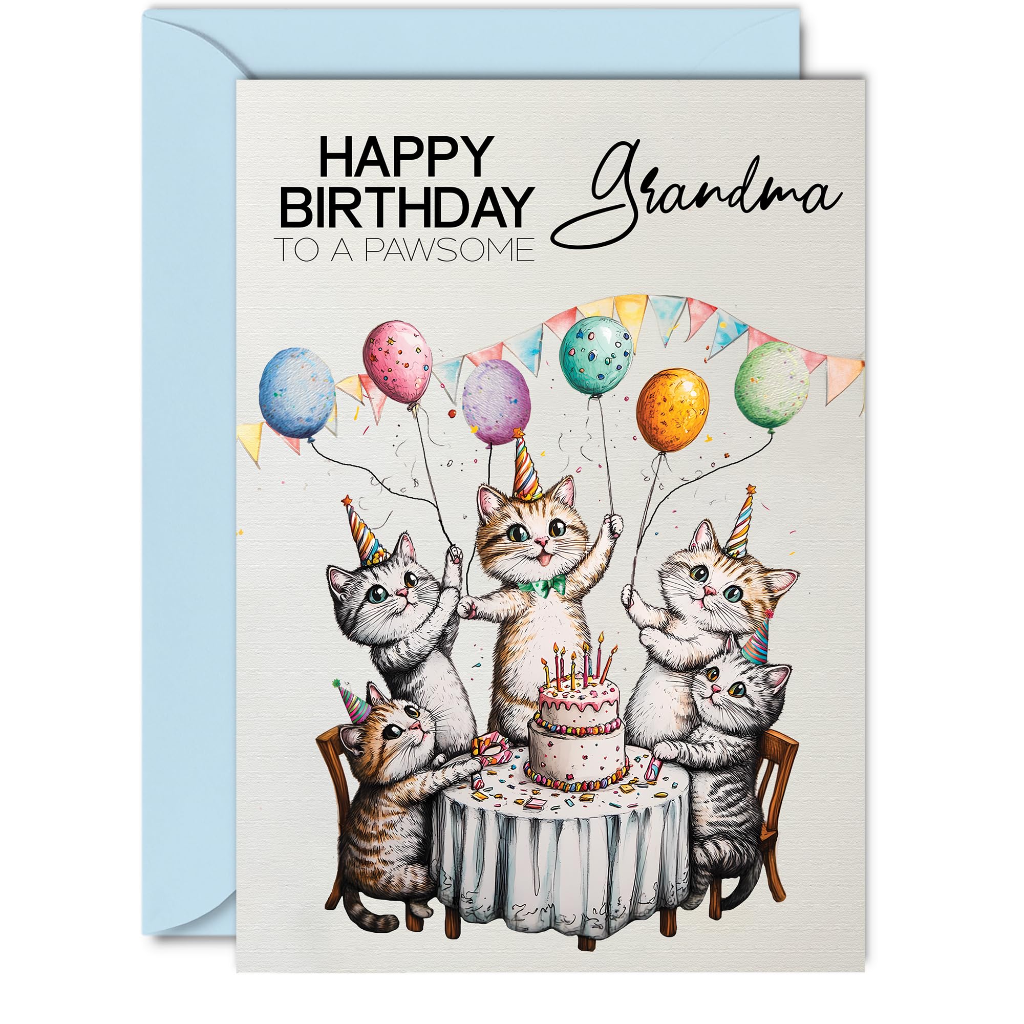 Grandma Birthday Card - Pawsome Party Cats Balloons - Happy Birthday Card for Grandma from Grandson Granddaughter, A5 Female Cat Bday Greeting Cards