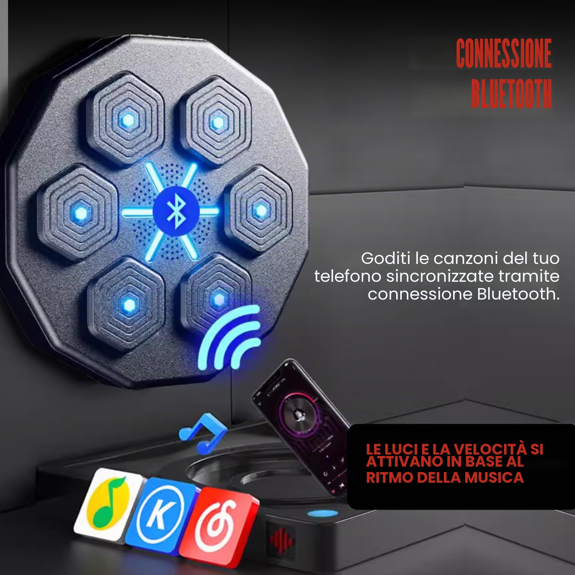 Macchina da Boxe Musicale. Attrezzatura da Allenamento da Parete con LED, Guantoni da Boxe, Bluetooth e Luci a Ritmo di Musica per Bambini/Adulti.