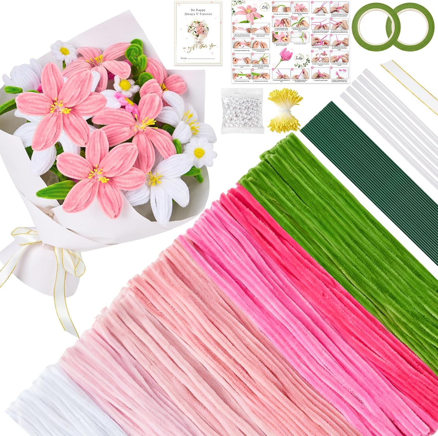 Meolvic Pink Pipe Cleaner Flower Kit, 550Pcs