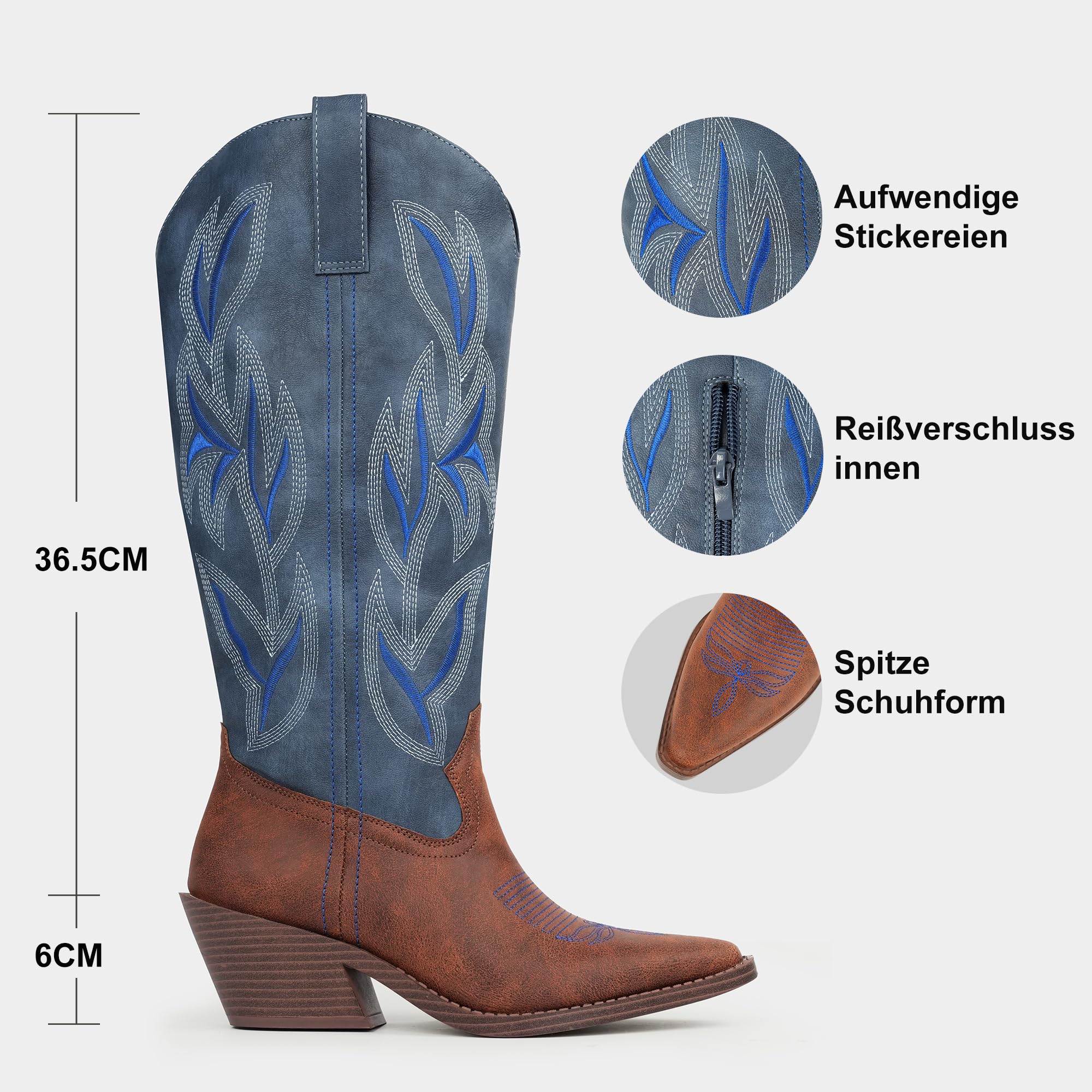 Hawkwell Cowboystiefel für Damen, Cowgirlstiefel, Western-Stickerei, spitze Zehenpartie, Herbst/Winter