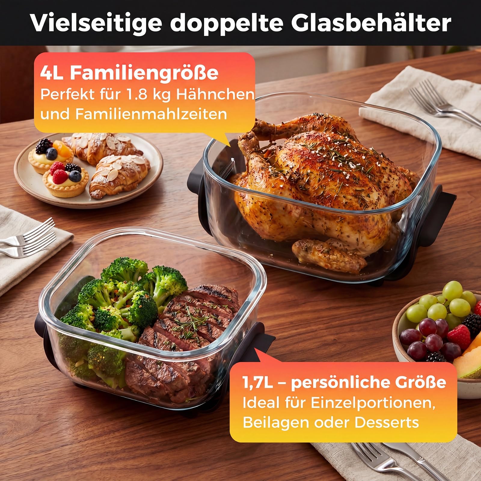 COSTWAY Przenośna frytkownica Air Fryer 4 l / 1,7 l, Airfryer 6 w 1, 1500 W, smażenie na gorącym powietrzu i pieczenie, frytkownica na gorące powietrze z 2 wyjmowanymi szklanymi pojemnikami i