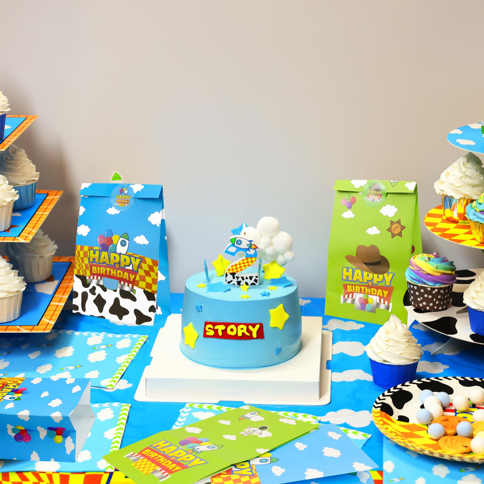 CHENRINDECO 32Pcs Cartoon Story Theme Gift Paper Bags with Stickers, Blue Sky White Clouds Small Rocket Party Candy Bags, Suitable for Cartoon Party Supplies