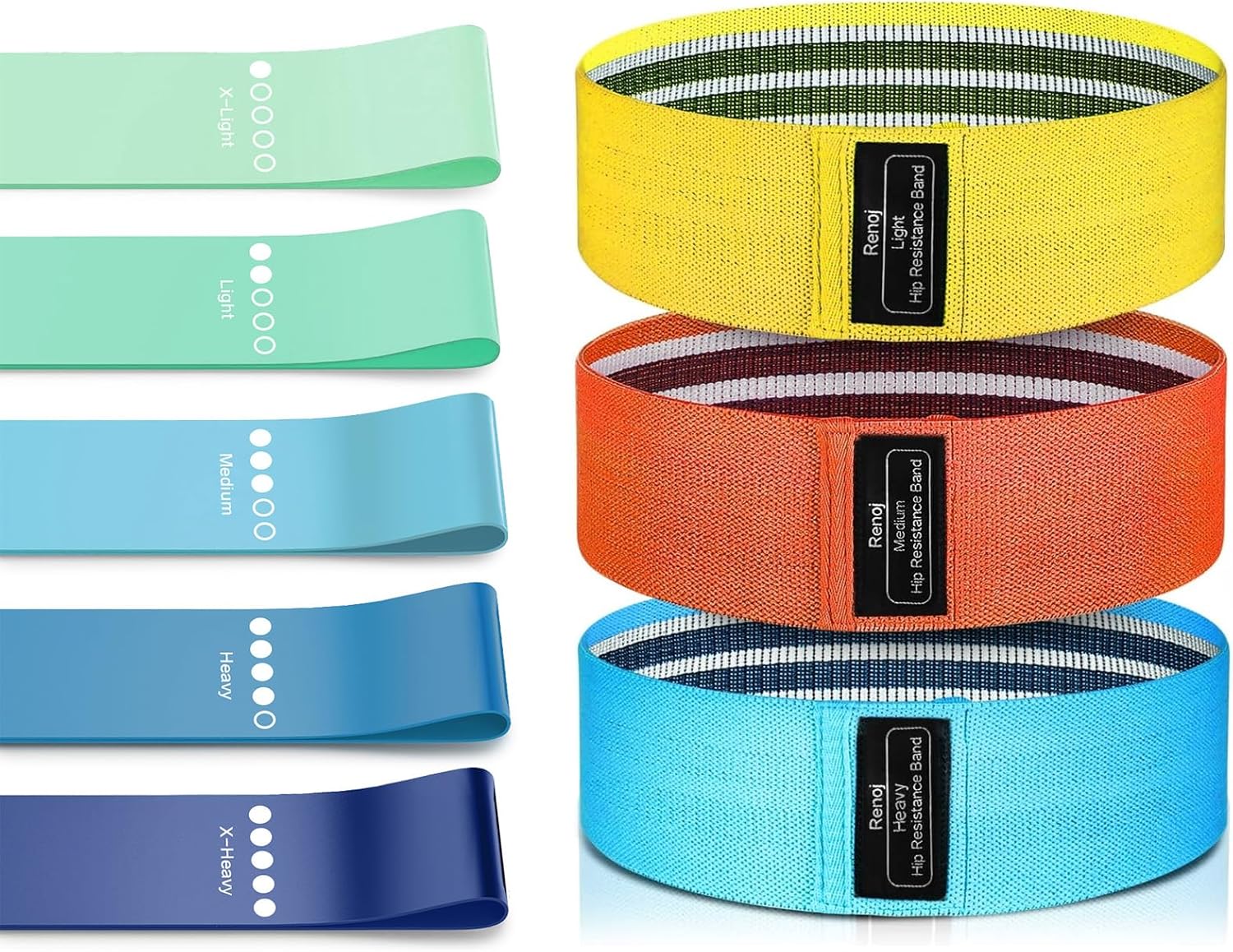 Bundle Set of 8 Resistance Bands for Workout, 5 Latex Exercise Bands and 3 Fabric Booty Bands with 2 Portable Bags
