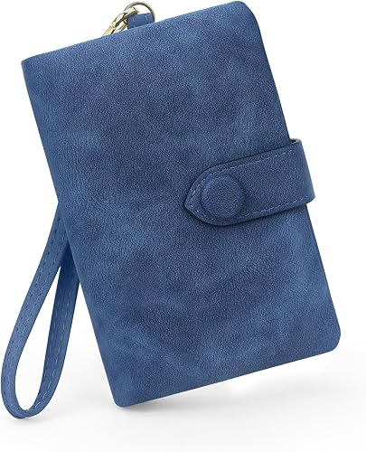 RFID Blocking Wallets for Women, Large Capacity Soft Leather Womens Small Wallet with Wrist Strap, Blue, Casual