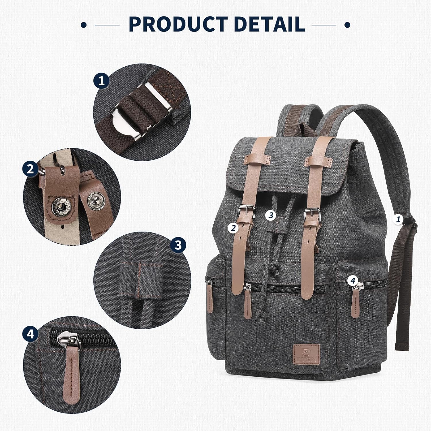 Vintage Canvas Backpack for Men & Women, Durable Casual Daypack with Leather Accent, Fits for College, Work, Travel, & Outdoor, Black - Image 5