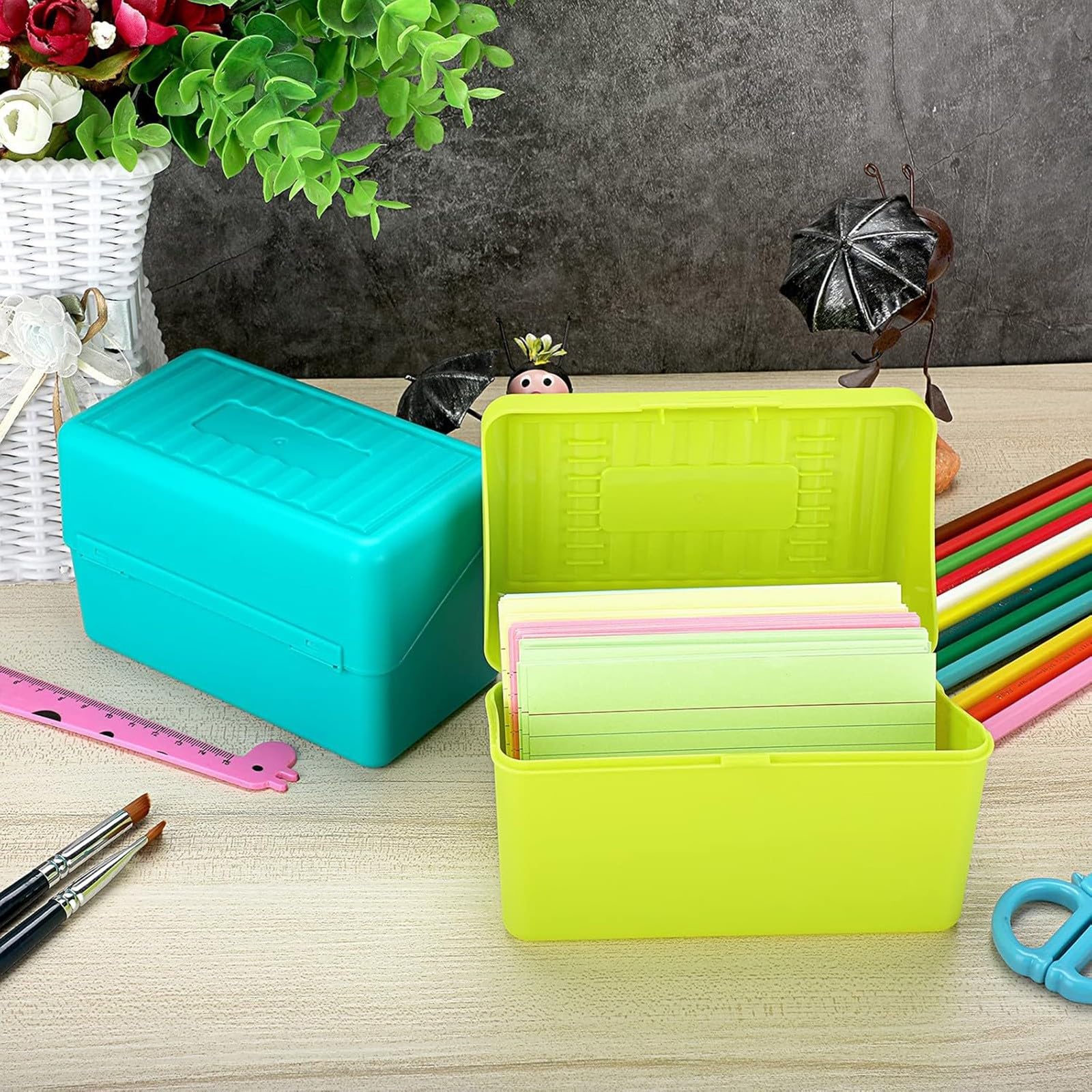 Lernkarteibox A6 Karteikasten Plastik Index Card Holder mit Etikettenplatz, Karteikarten Box für Lernkarten Notizzettel Visitenkarten, Aufbewahrungsbox Karteikarten Organizer für Schule Büro Zuhause