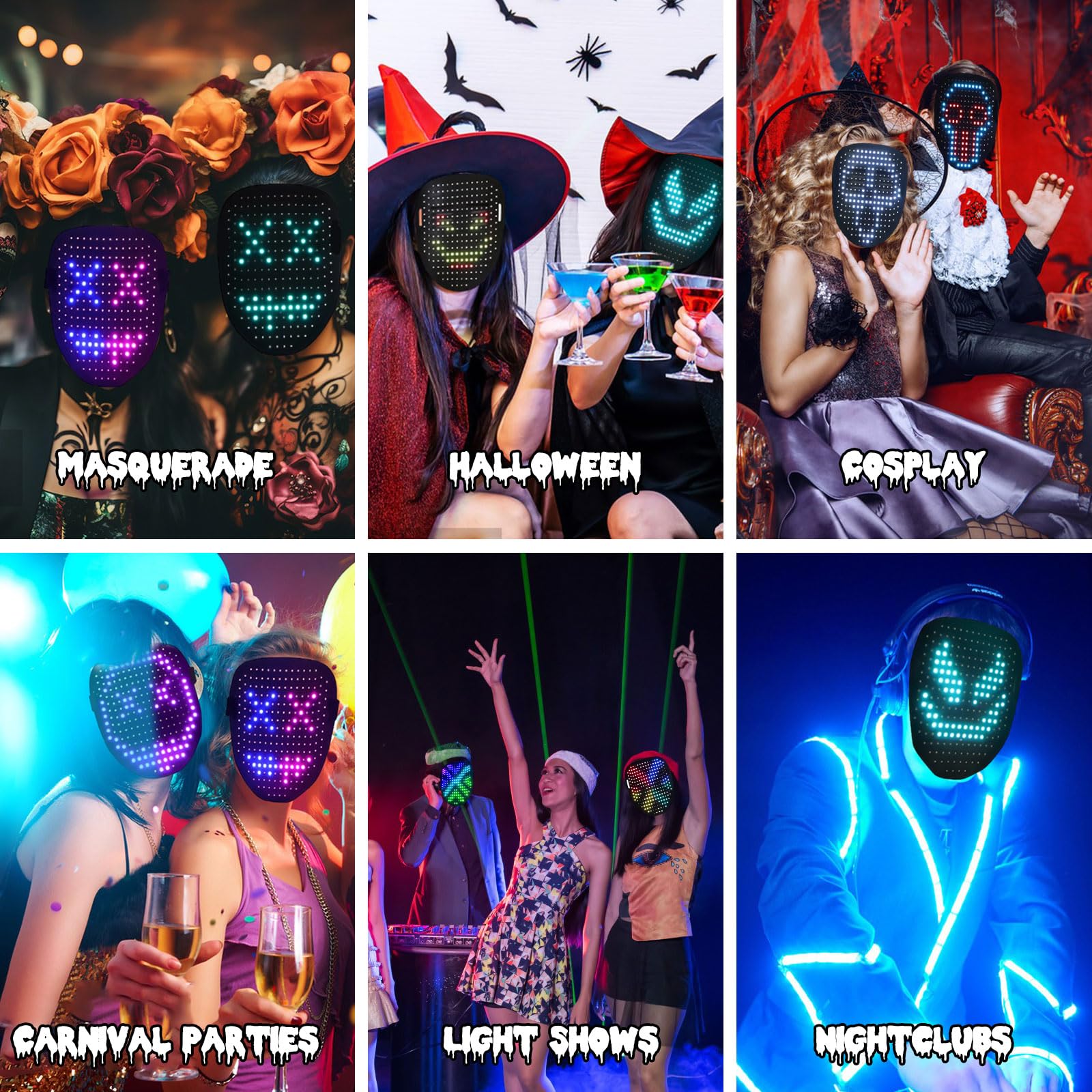 Maschera di Halloween a led, maschera luminosa con 25 modelli statici + 25 dinamici con rilevamento dei gesti Maschera spaventosa per Halloween, Cosplay, Masquerade