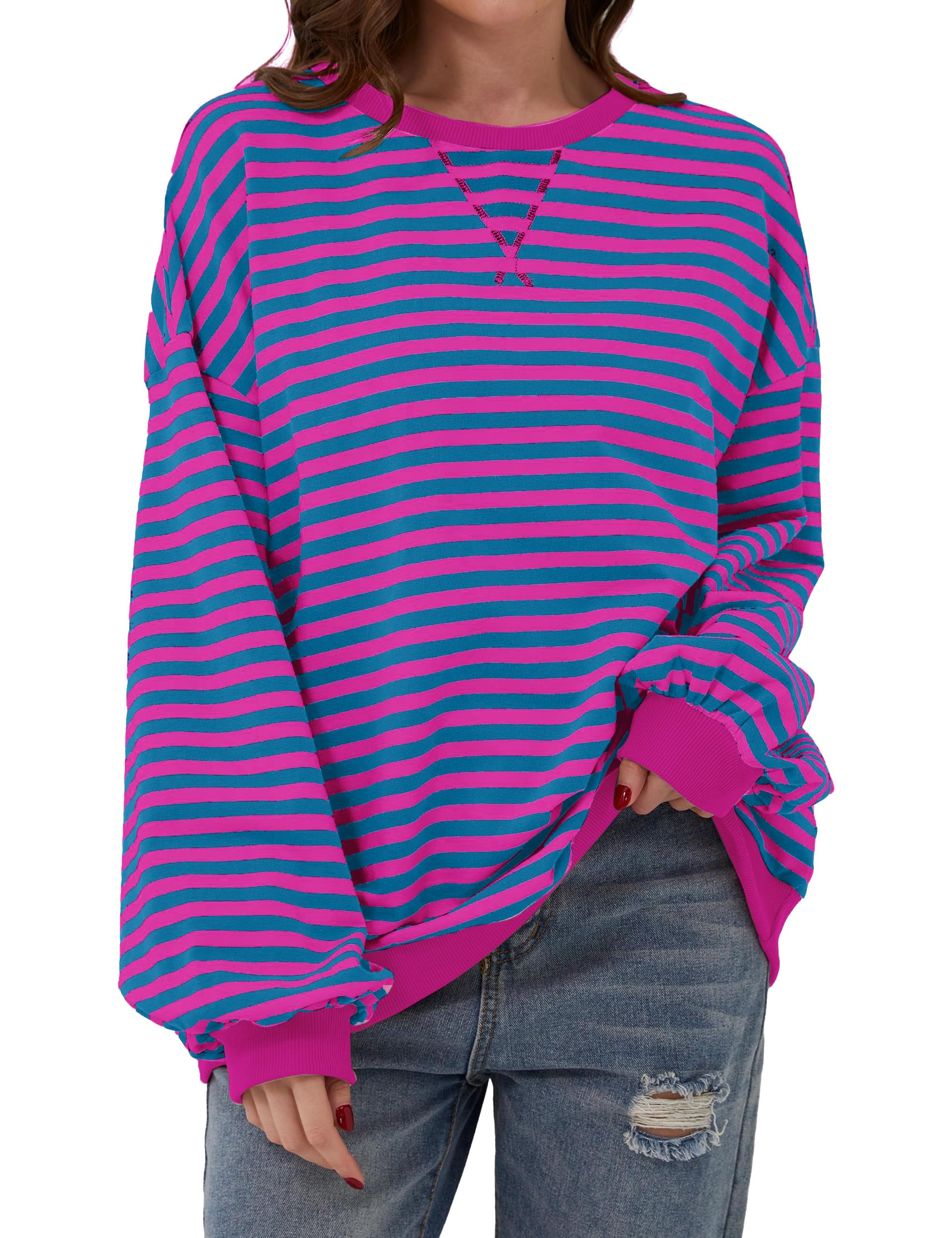 Chicrise Sudadera para mujer de gran tamaño, a rayas, bloque de color, manga larga, de punto, cuello redondo, parte superior suelta