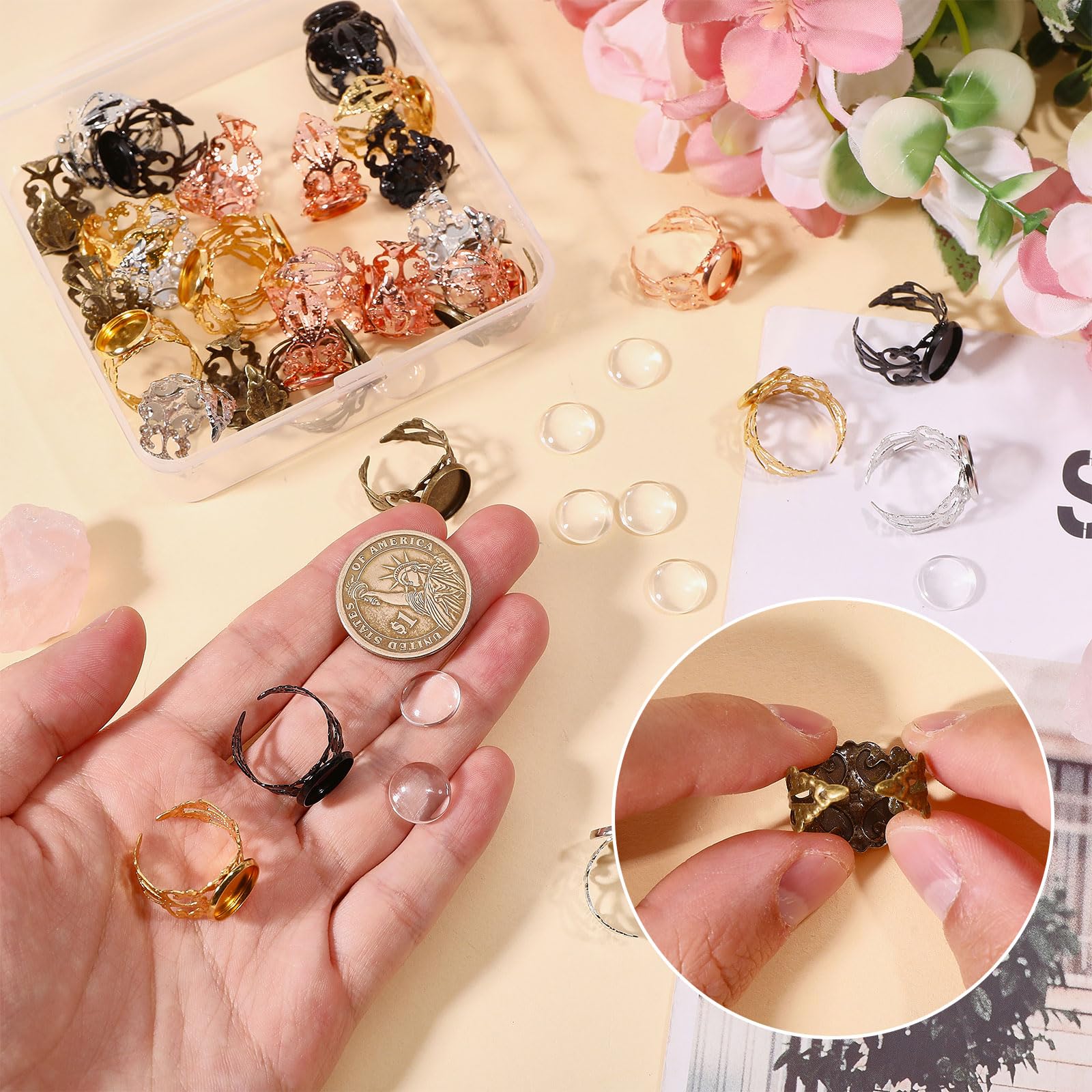 35 unidades de base de anillo de metal ajustable en 5 colores, kit de construcción de anillo de dedo, cabujón, base vacía, almohadilla plana con 35 cabujones de cristal para la fabricación