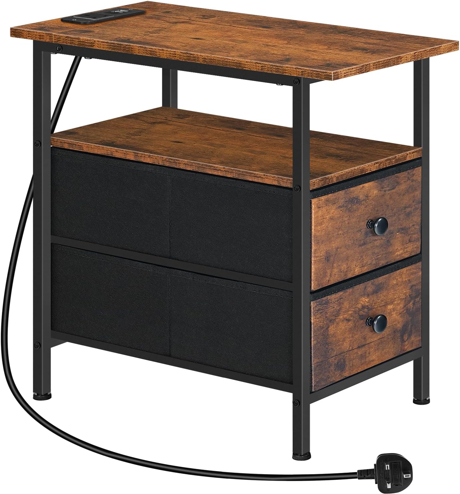 HOOBRO Narrow Bedside Table with Charging Station, with 2 Non-Woven Drawers, Slim Side Table with Power Outlets for Small Spaces, Living Room, Rustic Brown and Black EBF486KBZ01