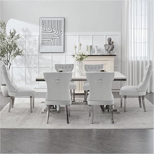 Miniatura 16 de Juego de 4 sillas de comedor de terciopelo, sillas de cocina tapizadas con patas Mteal, respaldo moderno con botones copetudos y ribete cuadrado de