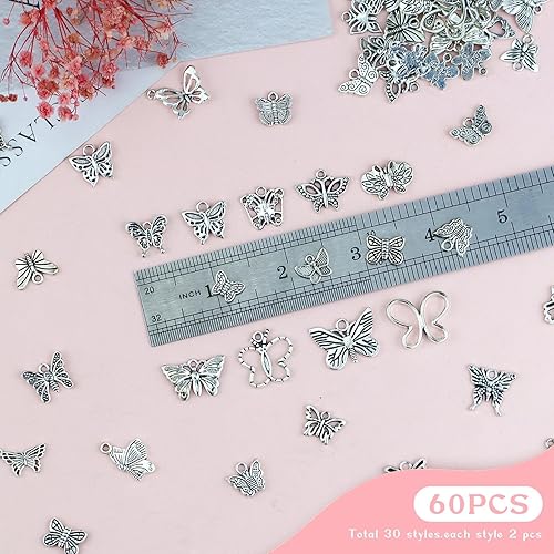 Miniatura 3 de JIALEEY Dijes de mariposa para hacer joyas y manualidades, 60 dijes de mariposa chapados en plata tibetana, aleación, Aleación.