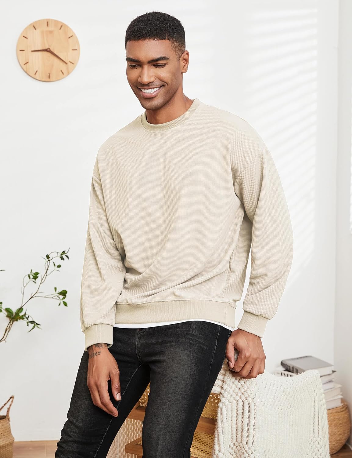 Men's Crewneck Sweatshirts Oversized Waffle Knit Texture Patchwork Long Sleeve Casual Lightweight Pullover Shirt - Image 4