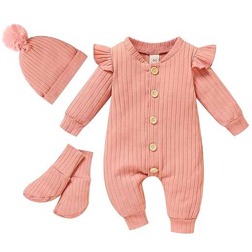 GRNSHTS Newborn Baby Girl Romper Solid Ribbed Jumpsuit Long Sleeve Buttons 3PCS Infant Clothes Fall Winter Outfits (Solid Pink, 1-3 Months)