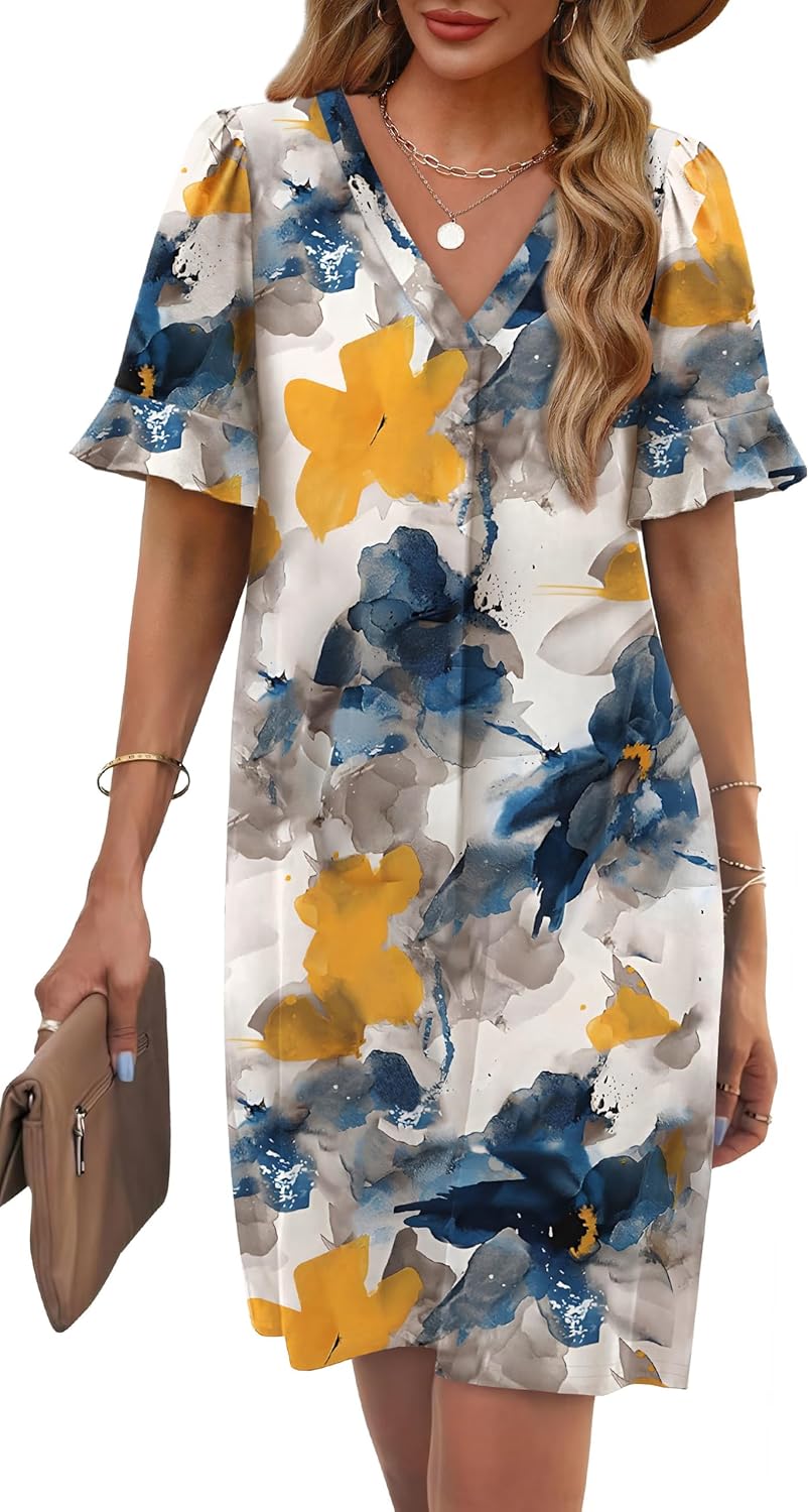 OFEEFAN Summer Dresses for Women Ruffle Short Sleeve V Neck Casual Shift Dress with Pockets - Image 2