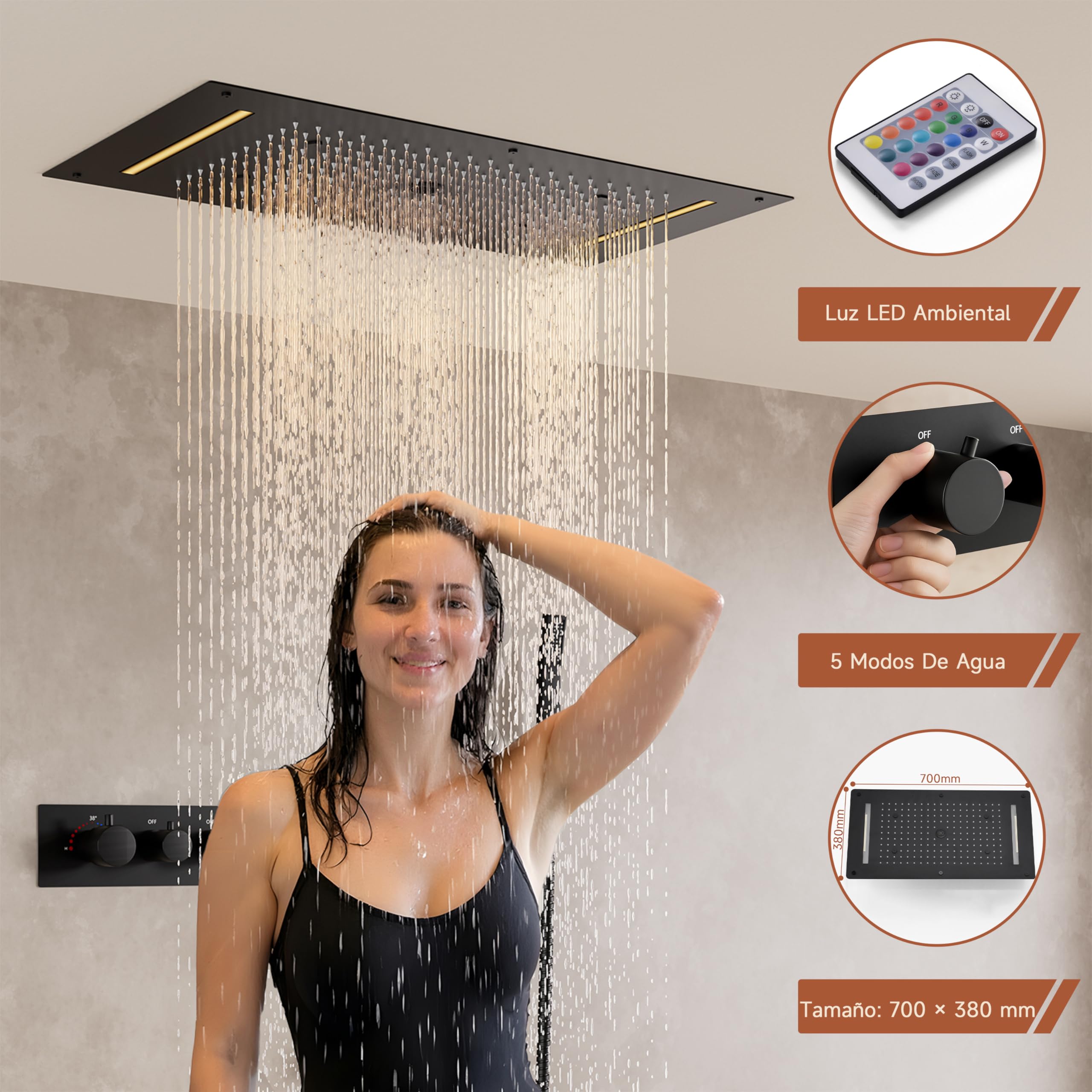 Columna De Ducha Termostática,Ducha Todo En Uno,Ducha De Pared De 70 x38 cm Con Luz LED De Color Y 5 Modos De Chorro,Con Teleducha Y Grifo Resistente A Altas Temperaturas,Columna De Ducha Negra