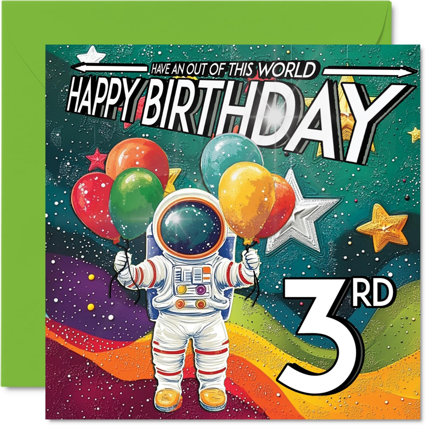 3rd Birthday Card Boy - Astronaut Spacesuit - Outer Space Birthday Card for 3 Year Old Girl, Age 3 Boys Girls Cards, 145mm Bday Greeting