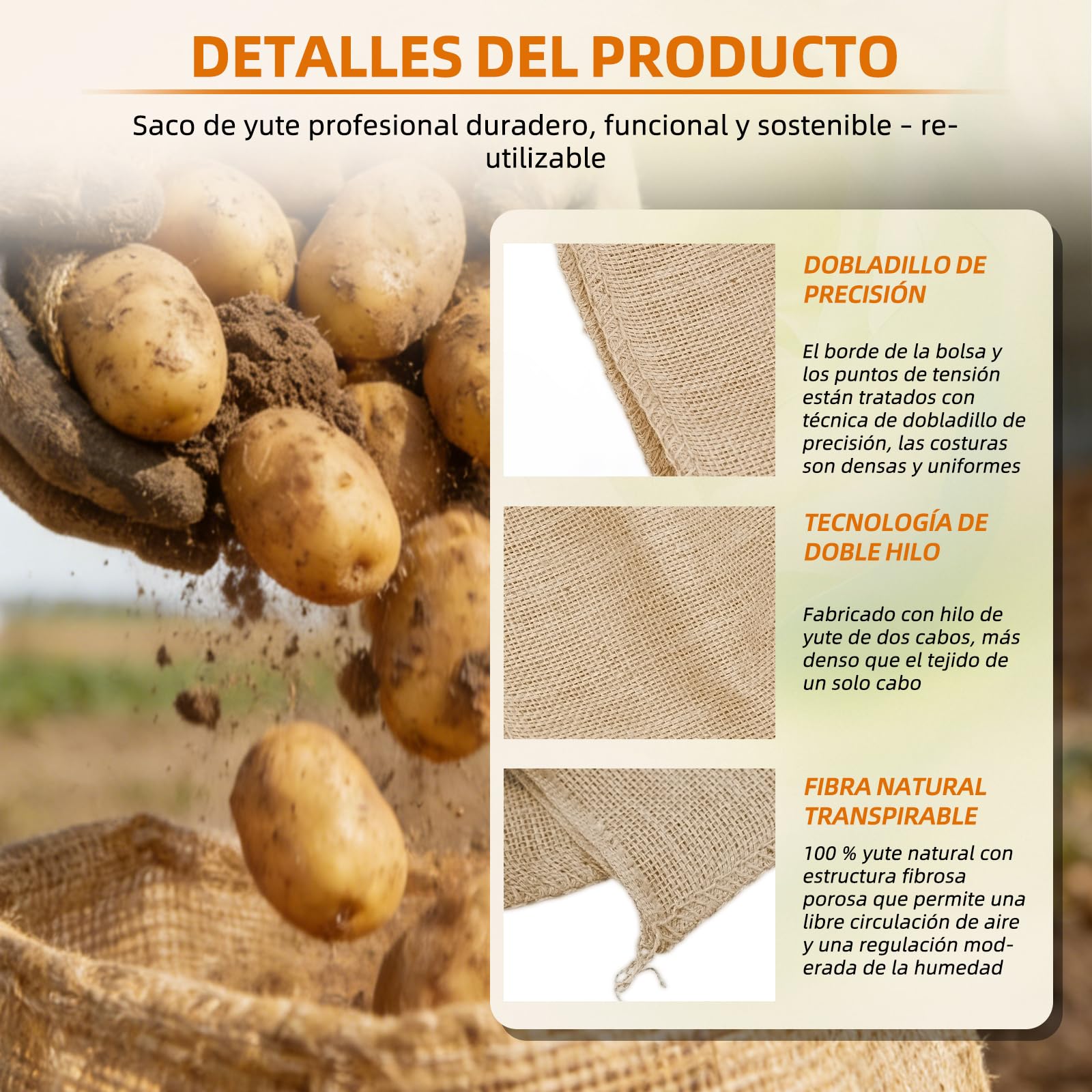 Sacos de yute natural, patatas, doble torsión, 60 x 40 cm, paquete de 5 unidades