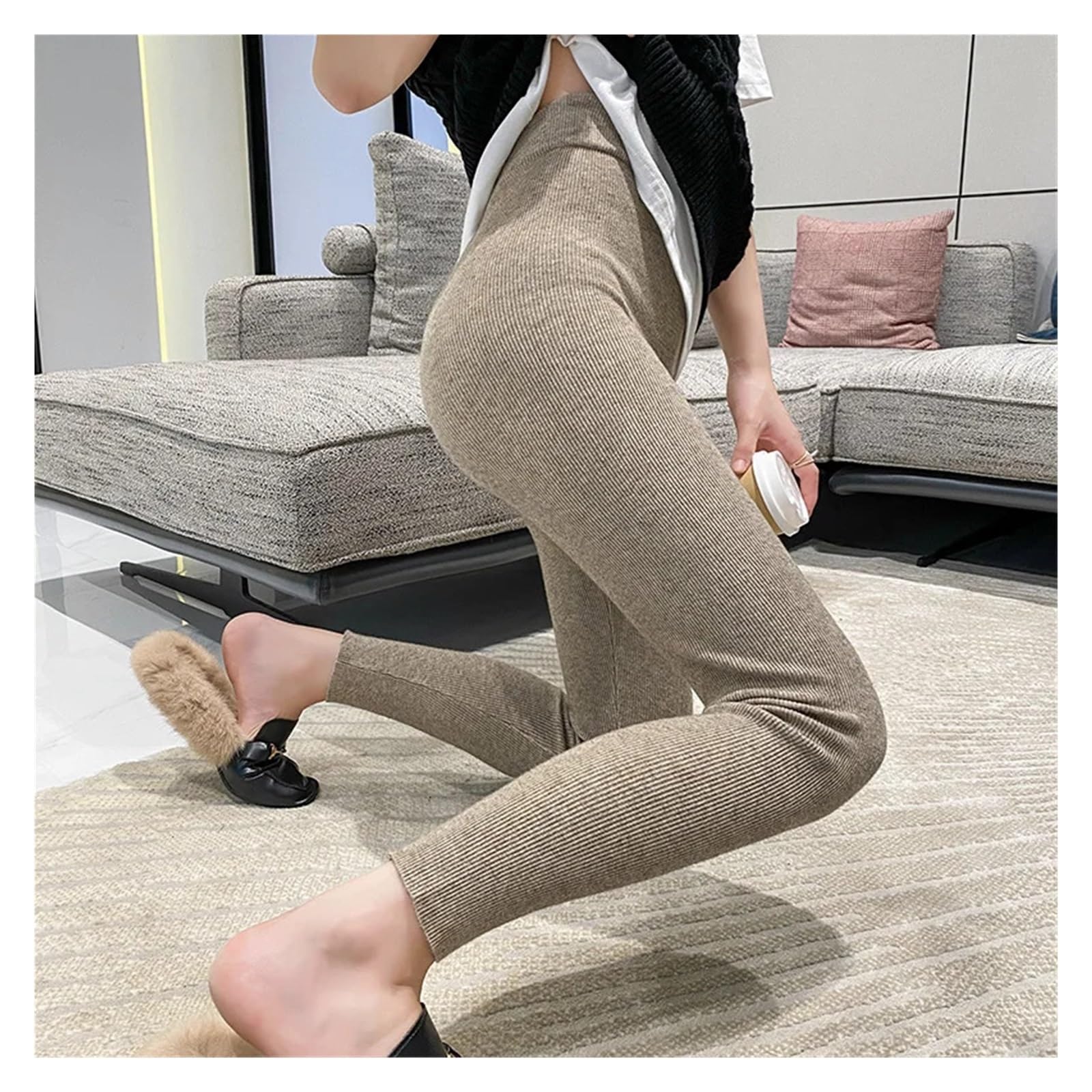 Leggings Termici Autunno Inverno Donna Leggings ispessenti Vita a Costine a Righe Verticali Leggings Lavorati a Maglia Casual Collant Caldi e usurati(Light Camel,L)