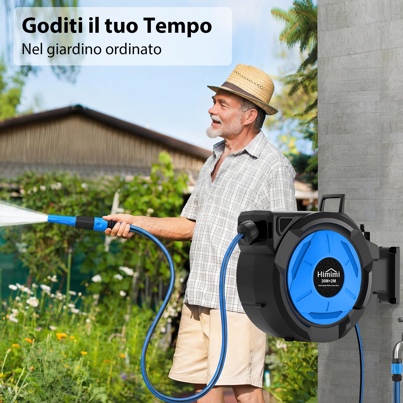 Himimi Avvolgitubo da Giardino Retrattile da Parete, 30 m + 2 m, 1/2", Avvolgitubo Automatico con Rientro Lento, Blocco a Qualsiasi Lunghezza, Supporto Girevole 180°, per Irrigazione Giardino