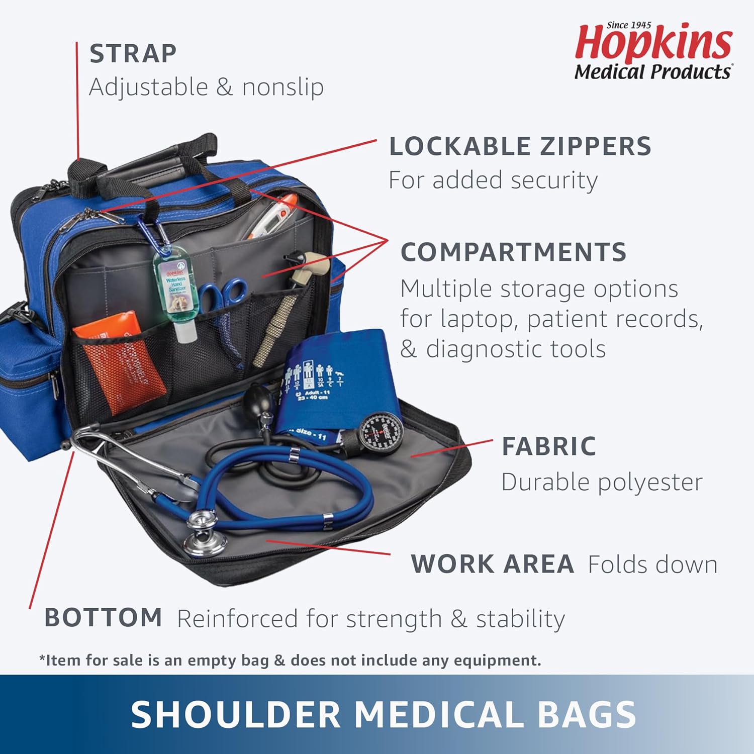 Hopkins Medical Products Mark V Shoulder Bag, HIPAA Compliant Lockable Zippers for Security, Adjustable Straps and Reinforced Bottom, Fold-Down Compartment for Easy Access, 13x11.25x7.5 inch, Black - Image 3