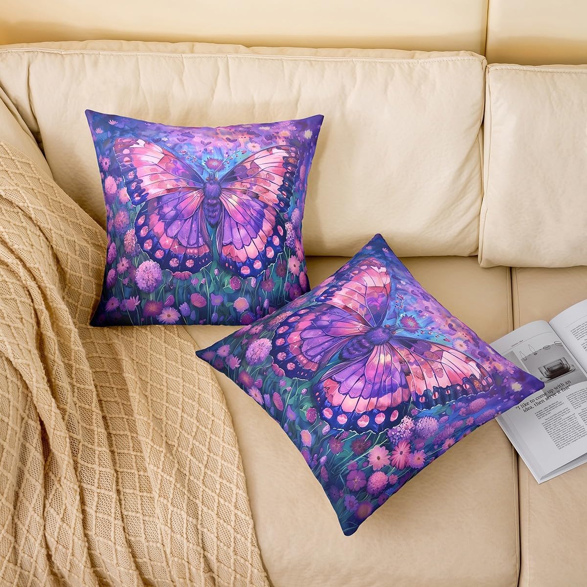 jejeloiu Butterfly Reversible Throw Pillow Covers 24 x 24-Inch Butterflies Print Pillow Covers Beautiful Butterfly Square Cushion Covers Set of 1 Animal Throw Pillowcases Lilac Outdoor Pillows Covers