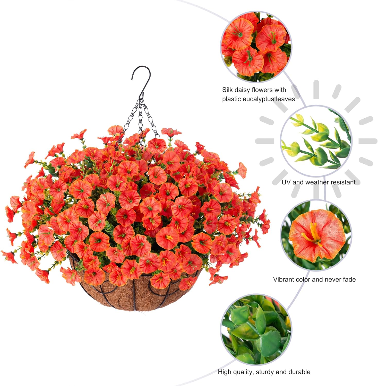 Artificial Fall Flowers Fake Hanging Plants Flowers Basket for Outdoors Autumn Decoration, Orange Silk Morning Glory with Eucalyptus Look Real UV Resistant Faux Flowers for Outside Porch Patio Balcony - Image 6