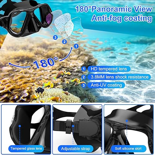 Miniatura 5 de Juego de esnórquel para adultos, equipo de esnórquel 4 en 1 con aletas de buceo ajustables, máscara antivaho, esnórquel superior seco y tapones para