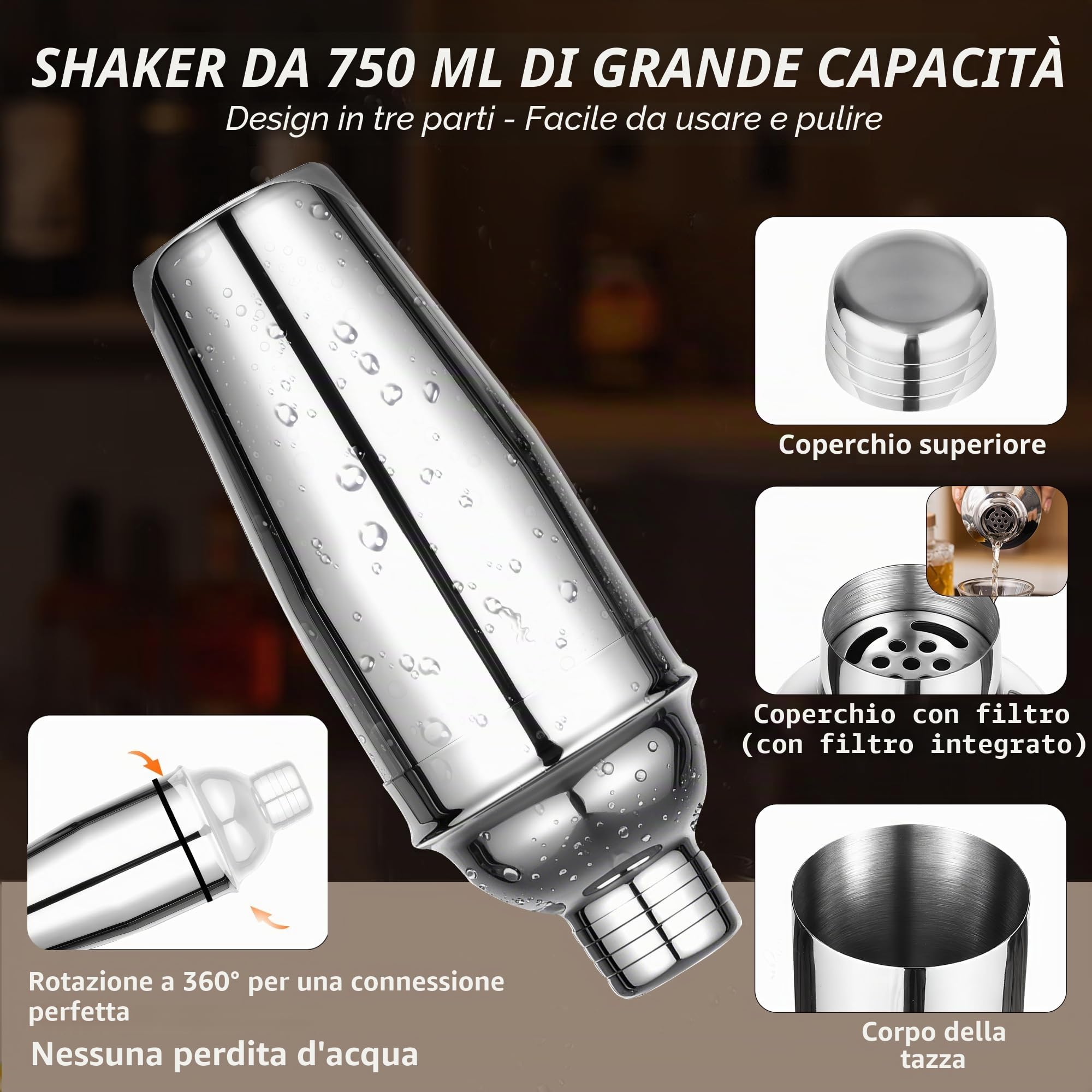 12 Pezzi Shaker Cocktail set, 750 ml set Cocktail Inossidabile da con Supporto in Legno e Ricettario per Cocktail, per Preparare kit Cocktail,Regalo per Uomo e Donna