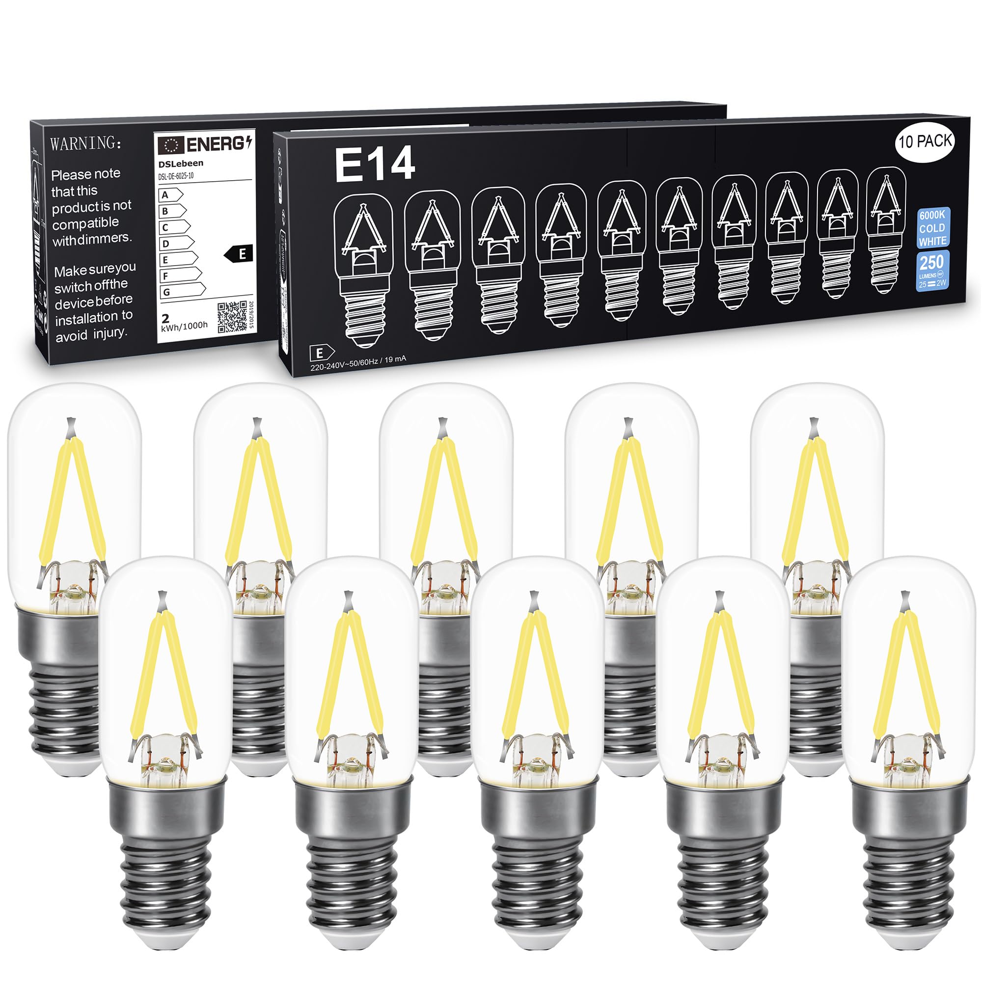 DSLebeen E14 LED Kaltweiß Glühbirne Kühlschranklampe 2W 250LM Ersatz Glühlampe 25W, 6000K Mini LED Birnen für Nachtlicht, Salzlampe, Kronleuchter Nicht Dimmbar 230V AC 10 Stück
