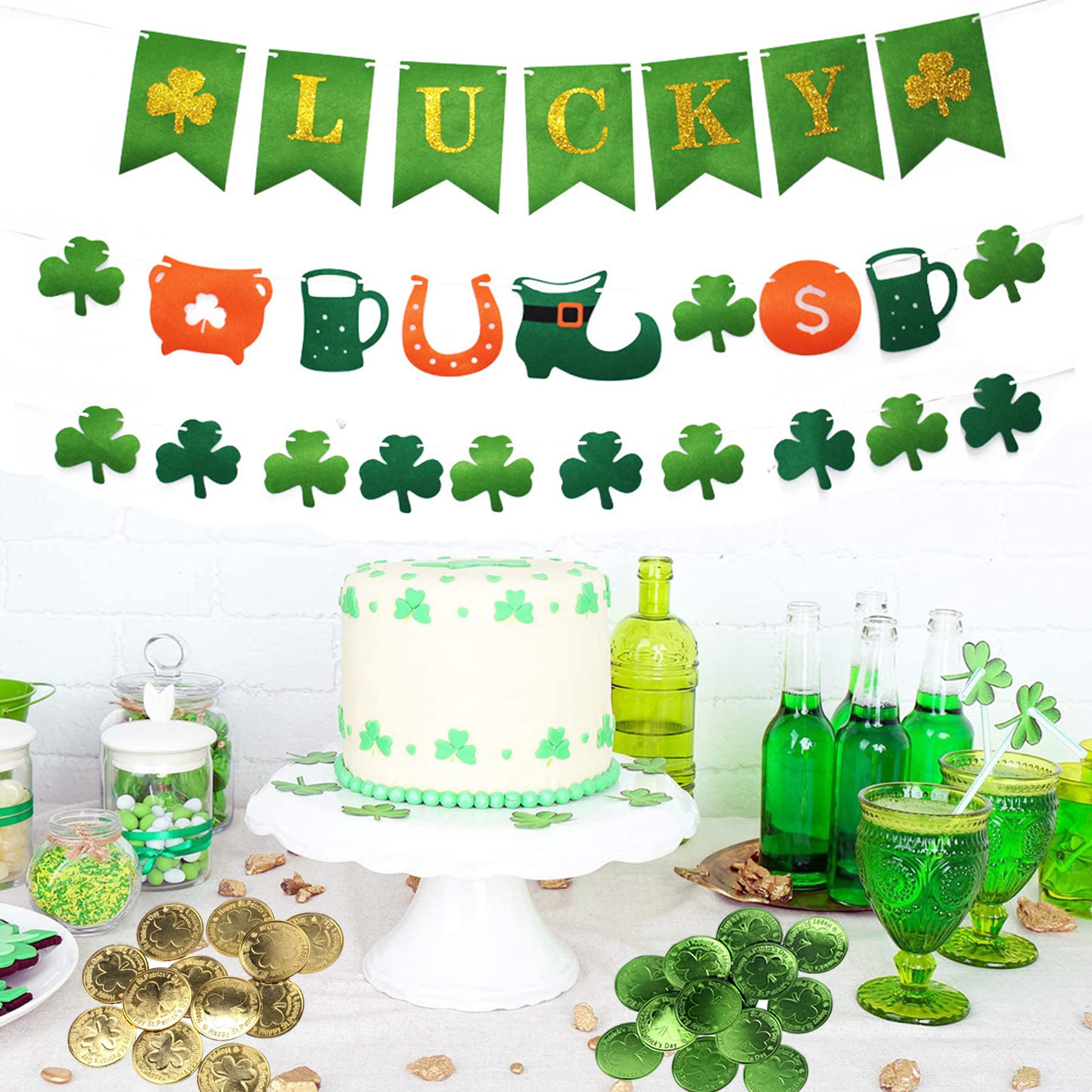 Sieman 24 sztuki Patrick's Day Clover monety na szczęście, tworzywo sztuczne, posypka stołowa z listkami koniczyny, worek ze sznurkiem na akcesoria na imprezę (24 sztuki/zielony)