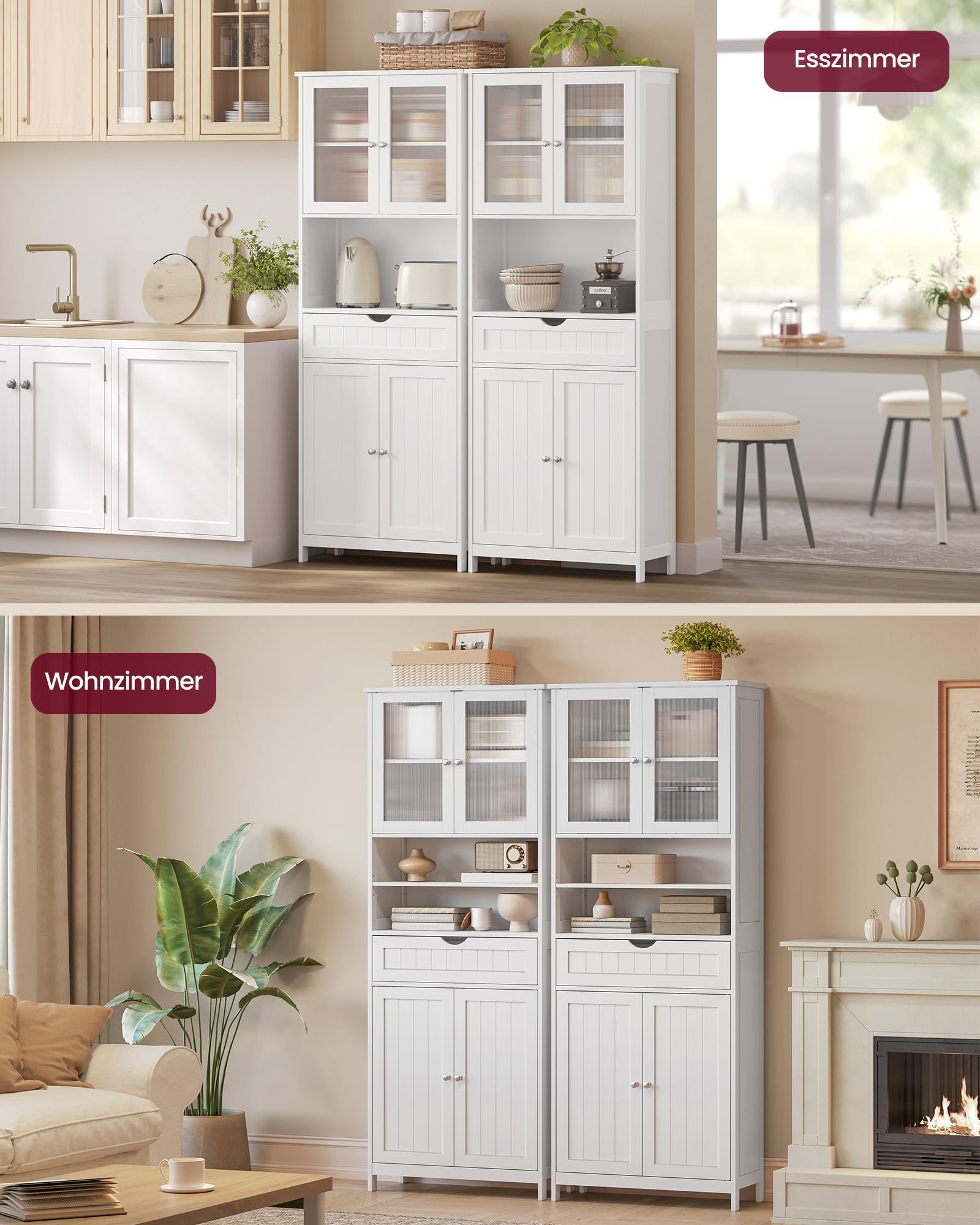 VASAGLE Badezimmerschrank, Badschrank, Aufbewahrungsschrank mit verstellbaren Ablagen, Schublade, offenen Fächern, für Badezimmer, Wohnzimmer, Esszimmer, wolkenweiß BBC768W01