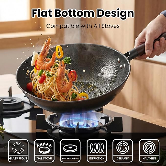 Wok de Acero al Carbono 13 Pulgadas, Antiadherente con Tapa, Fondo Plano miniatura 4