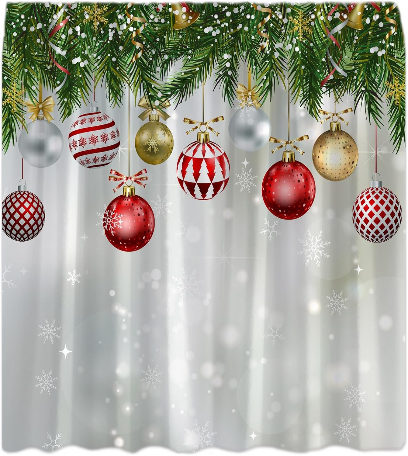 Merry Christmas Shower Curtain Colorful Xmas Balls Pine Tree Branches Winter Snowflake New Year Holiday Bath Decor Curtain with Hooks, 70x78 Inch