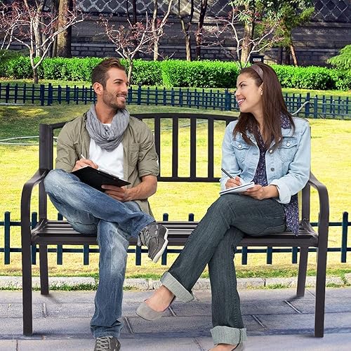 Miniatura 4 de Banco de jardín para patio con respaldo curvado y reposabrazos anchos, para decoración de muebles de patio, marco de hierro fundido (color blanco,