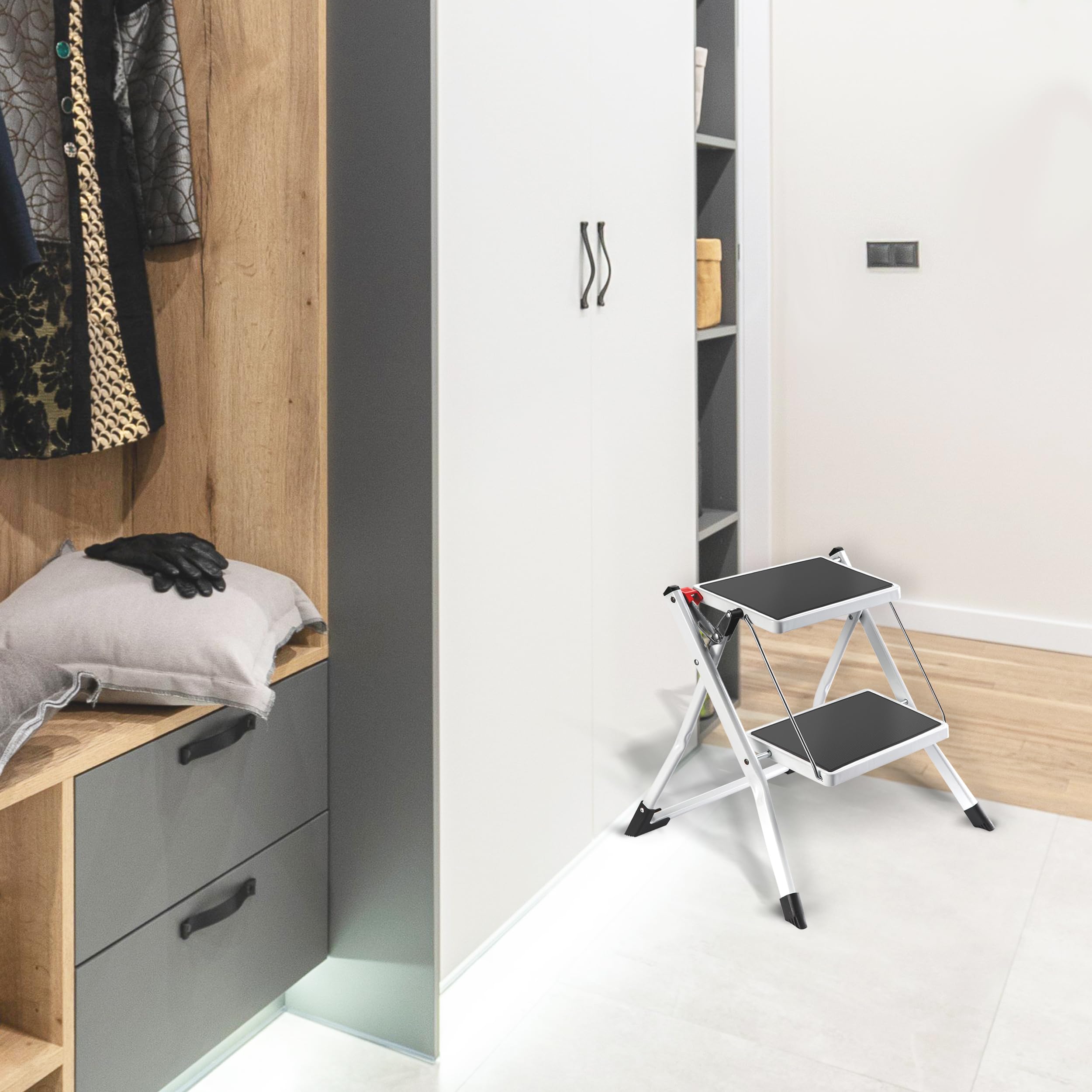 MSV - Marchepied Pliant 2 Marches en Acier - Charge 150 kg - Norme GS Sécurité - Antidérapant et Compact - Idéal Maison, Cuisine, Bureau et Bricolage - Blanc