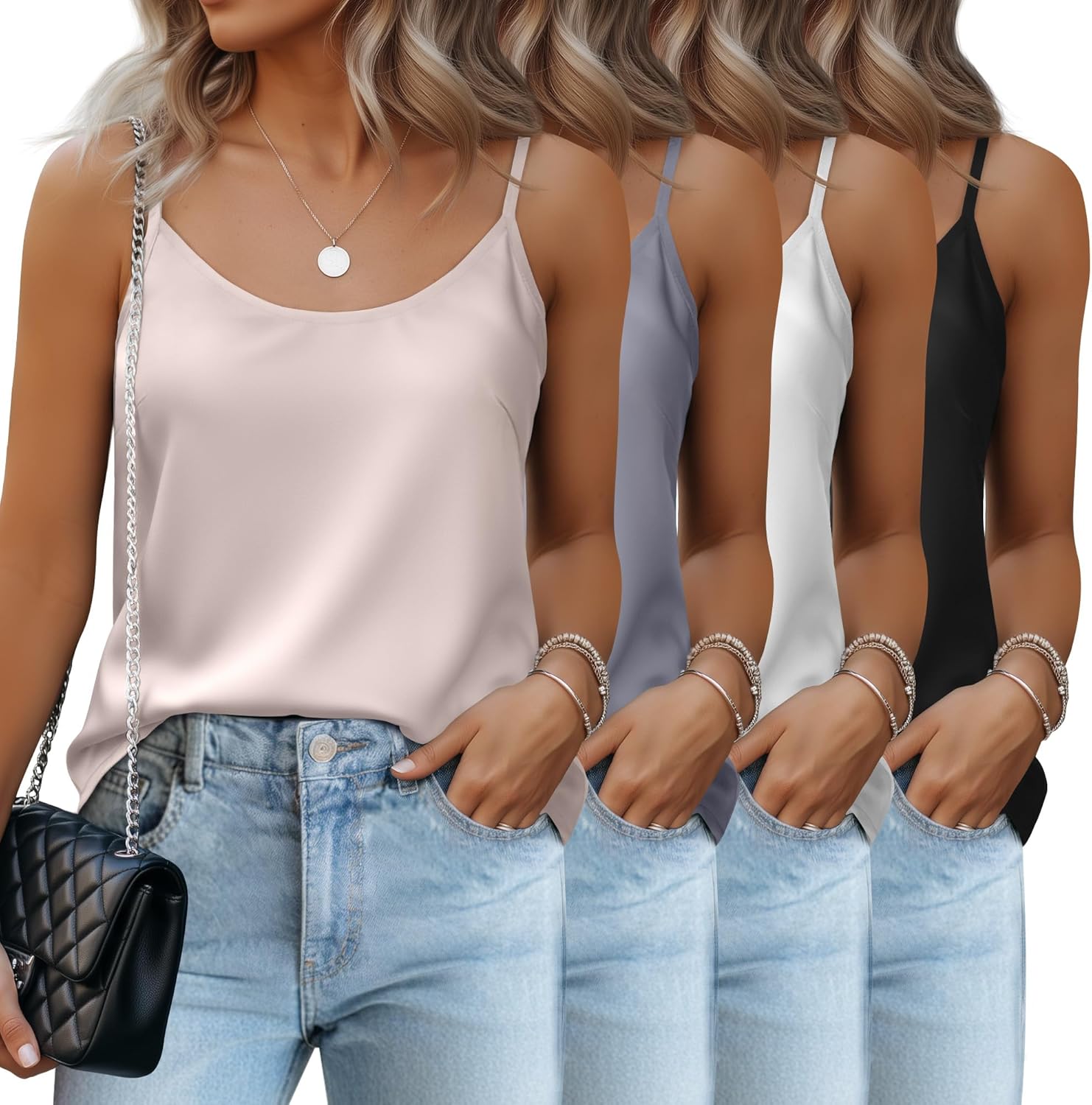 4 Pack Women's Silk Satin Tank Tops Camisole Sleeveless Spaghetti Adjustable Straps Vest Crewneck Cami Blouse