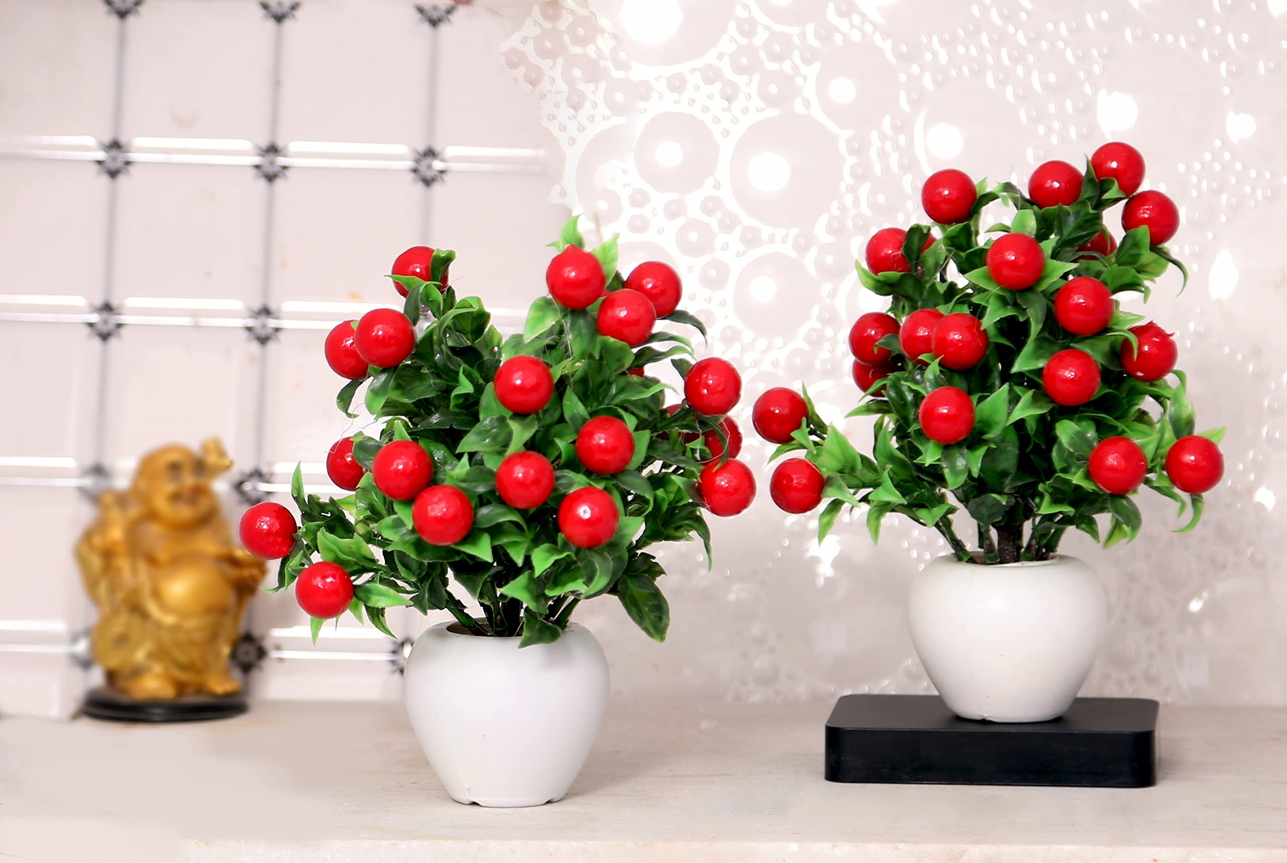 S-BivArtificial Plant with Premium Pot Red Cherry Bonsai Artificial Bonsai with Pot, Artificial Plants for Home Decor Showcase Decoation Plants Flowers with Pot Fake Plant (Pack of 2)