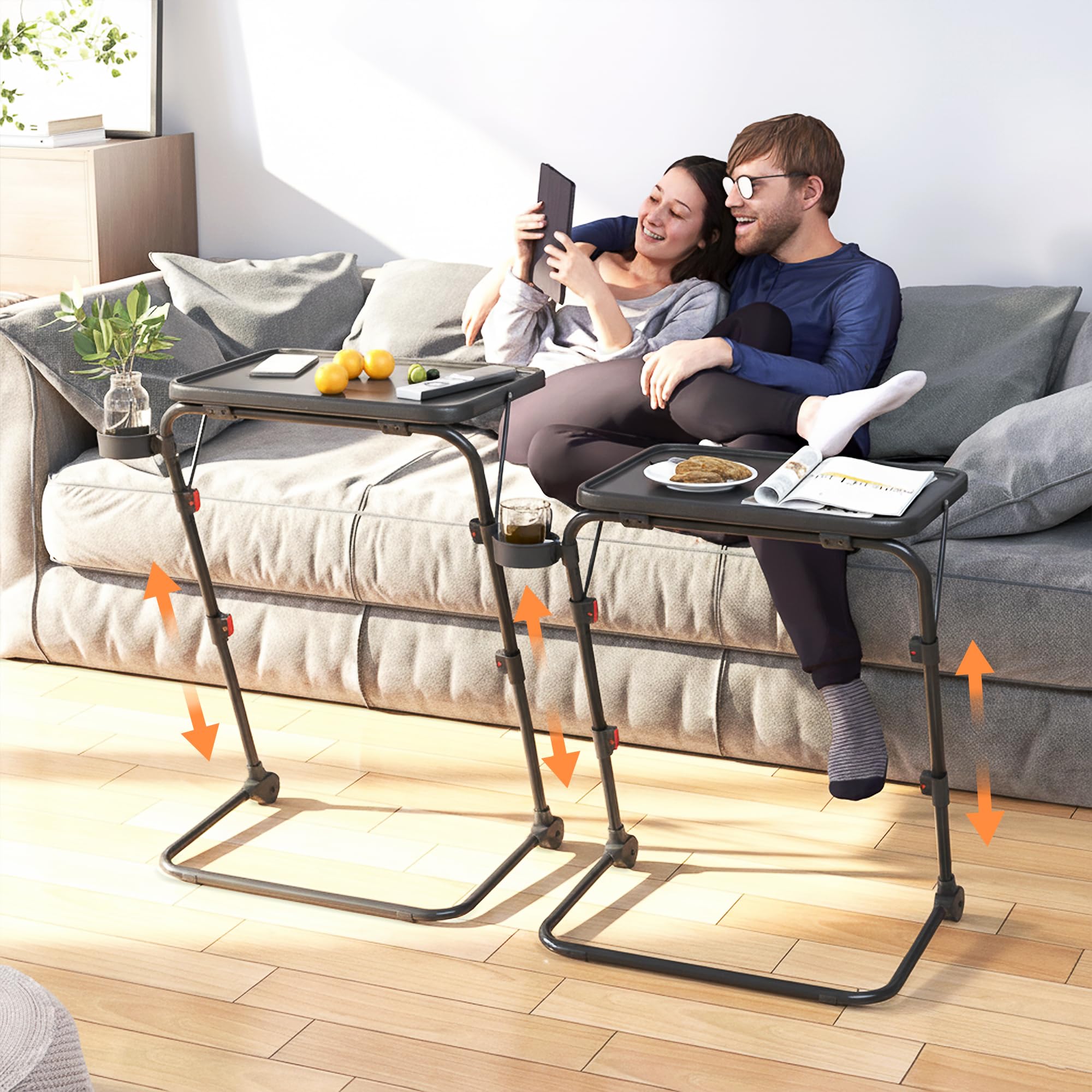 MEUBLE Cosy Mesa Auxiliar Plegable Ajustable, Mesa para Sofá con Tablero Inclinable, Portavasos, Mesa Lateral sin Montaje para Salón, Cama, Sofá y Espacios Pequeños, Negro