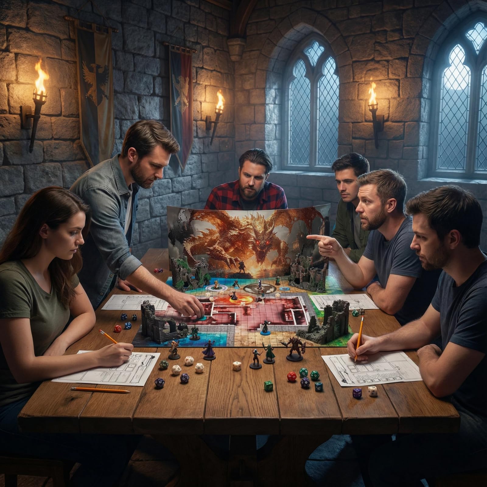 DND DM Ekran Obraz Olejny Efekt Ulgi Wodoodporna Tkanina 8 Paneli z Kieszeniami Dungeon Master Accessories Dungeons and Dragons 5e GM Screen D&D Gift