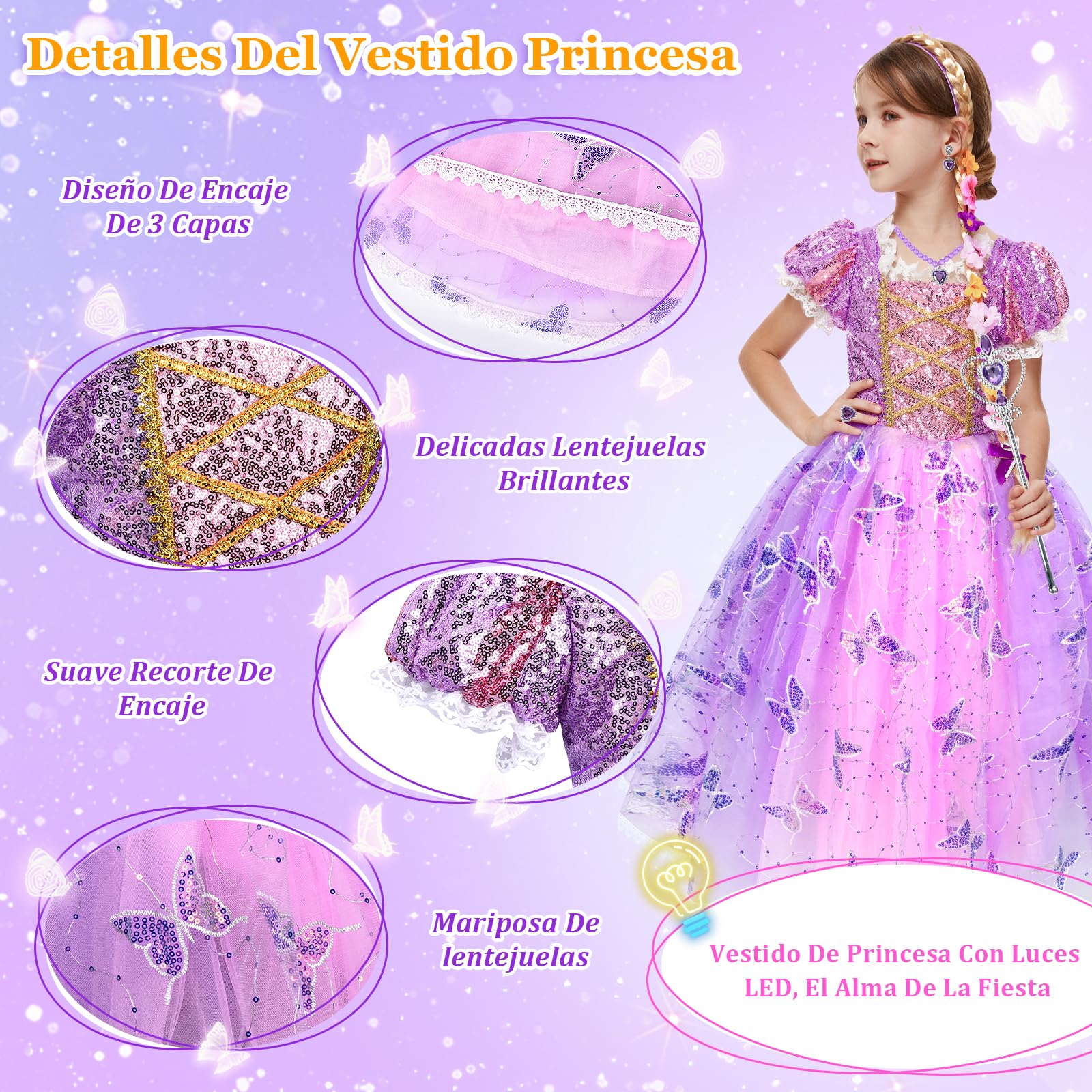 Herenear Disfraz Rapunzel Niña, Vestido Princesa para Niños de 3-12 Años, Niña Disfraz de Princesa con Accesorios Vestido de Princesa Tul Cumpleaños Fiesta Cosplay Navidad Carnaval Vestidos
