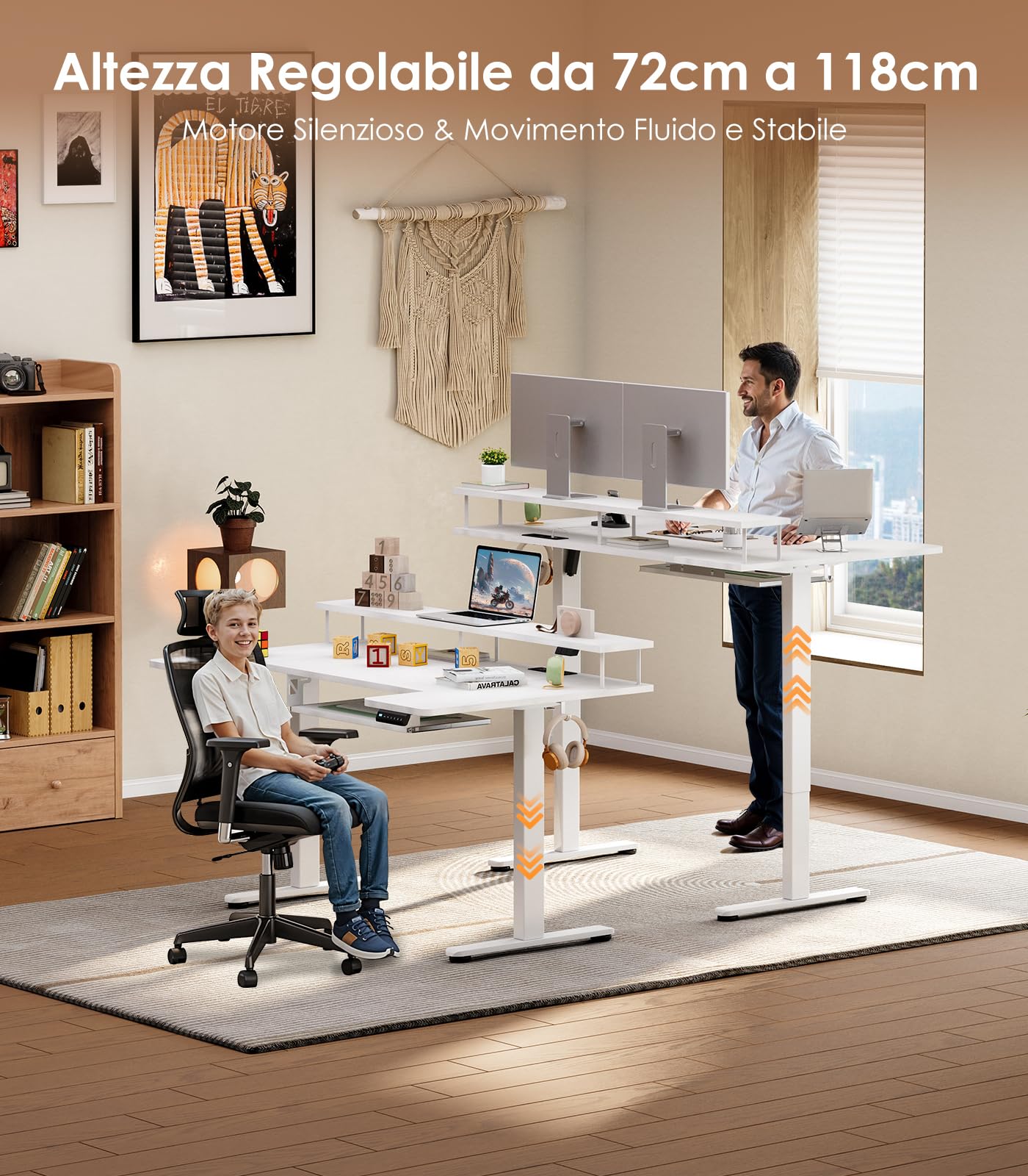 OffiGo Scrivania Elettrica con Supporto Monitor 140×74 cm, Bianco | Piano forma a U, USB e prese integrati, Scrivania motorizzata con 4 memorie, Scrivania regolabile per home office